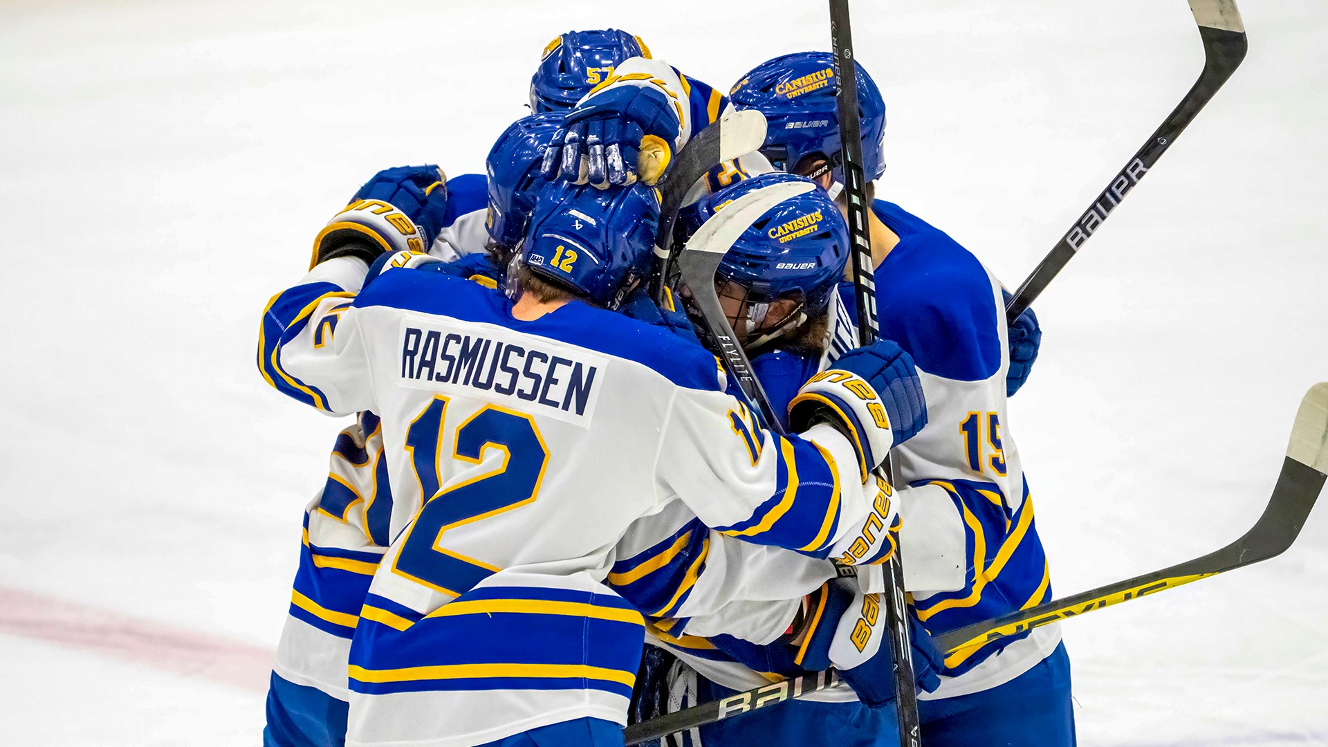 Members of the Canisius hockey team celebrate after scoring a goal versus Niagara at LECOM Harborcenter on Jan. 30, 2026