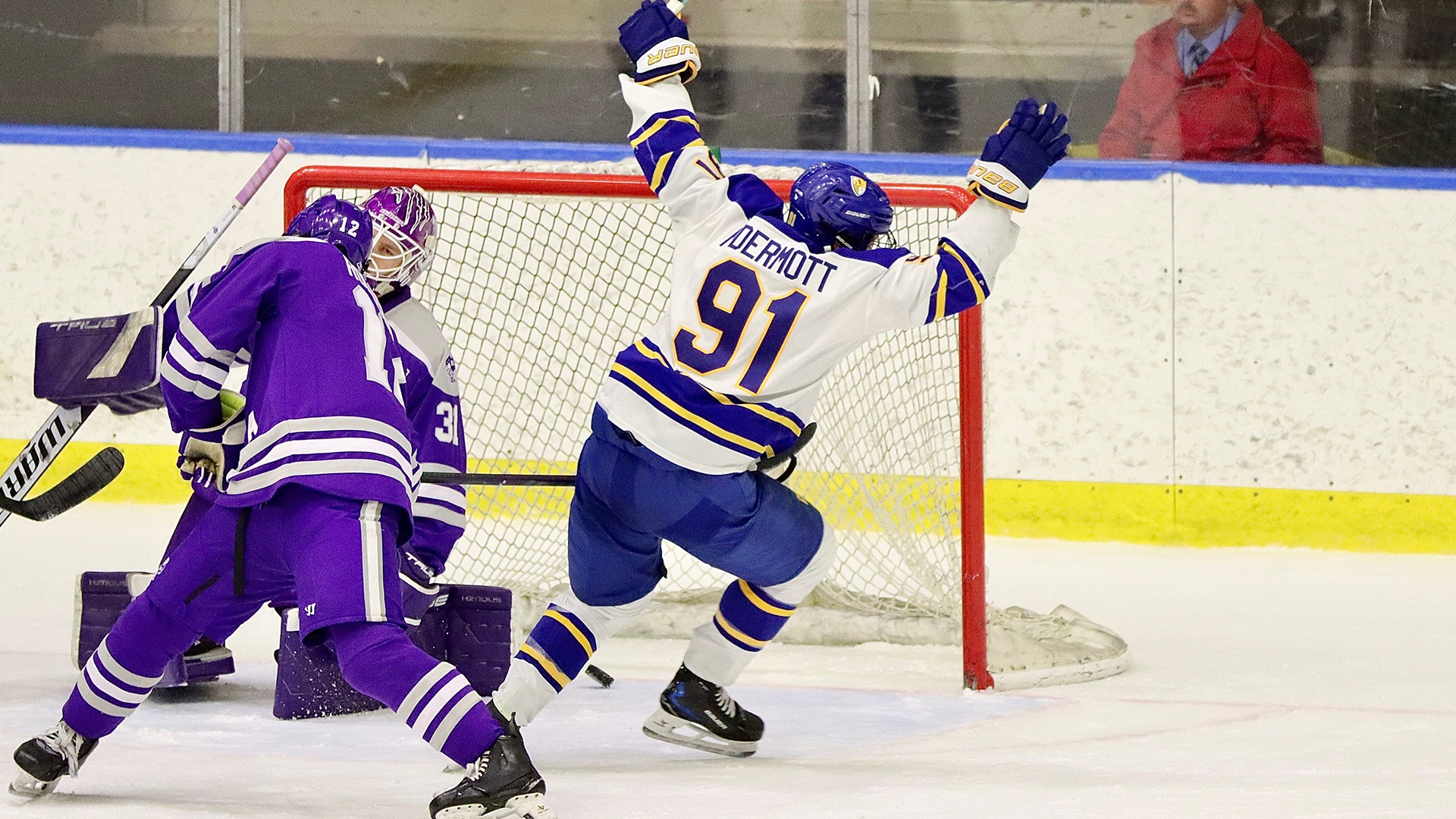Canisius forward Alton McDermott celebrates after scoring his third goal versus Niagara at LECOM Harborcenter on Feb. 28, 2026