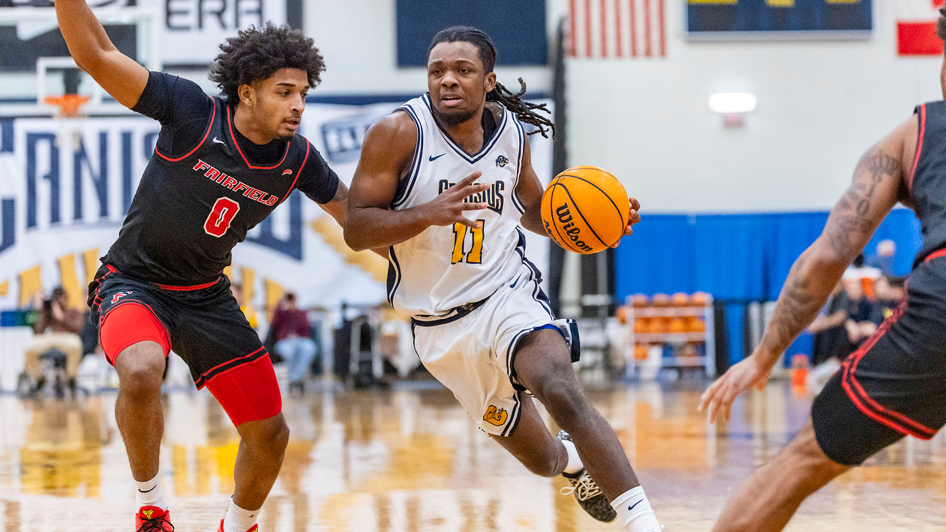 Khalil Singleton drives to the basket in the first half of a home game against Fairfield on Jan. 2, 2026.