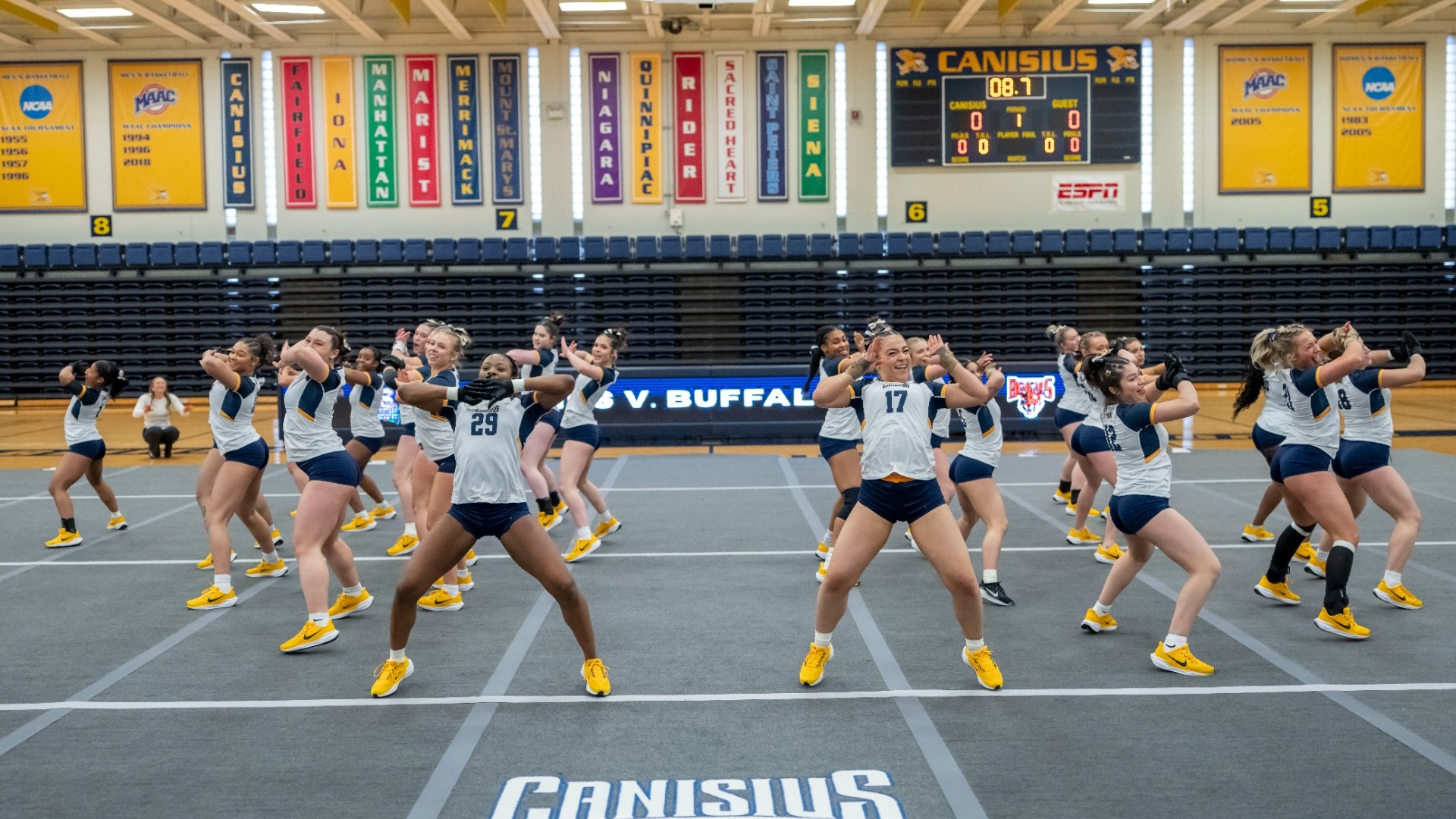The acrobatics and tumbling team competes in the team event versus Buffalo State at the Koessler Athletic Center.