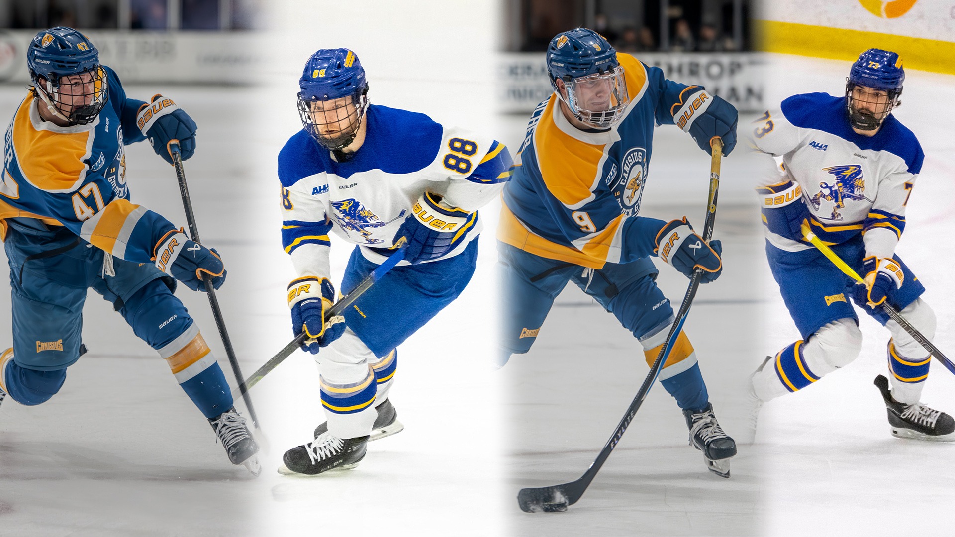 Members of the Canisius hockey team from left to right: Grant Porter (left), KIllian KIecker-Olson, Walter Zacher and FJ Buteau are shown in game action in this graphic announcing them being named All-AHA selections for the 2025-26 season. 
