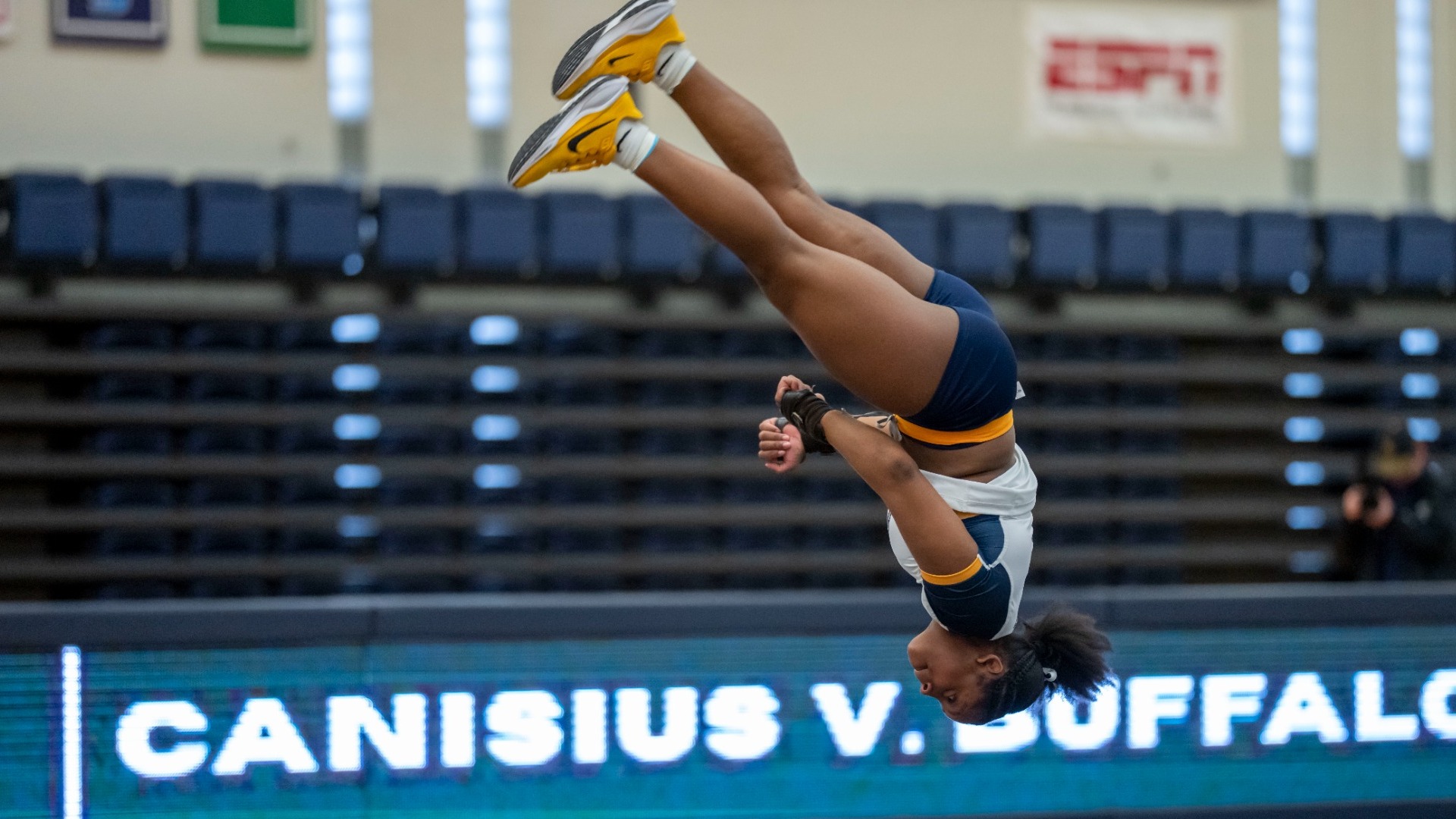 Eva Bernard spins in the air during a meet agianst Buffalo State on Feb. 22.