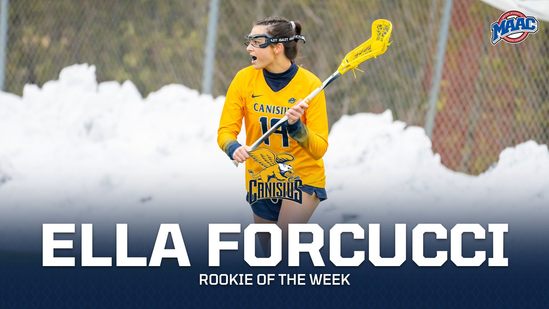 Ella Forcucci Graphic depicting MAAC Rookie of the Week award.