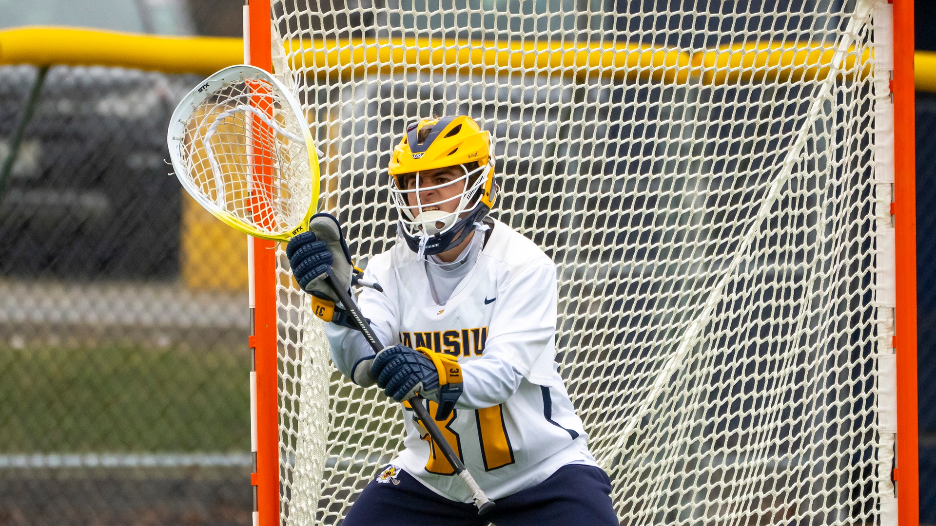 Canisius goalie Sam Kosloski is shown in game action vs Quinnipiac at the Demske Sports Complex on March 14, 2026