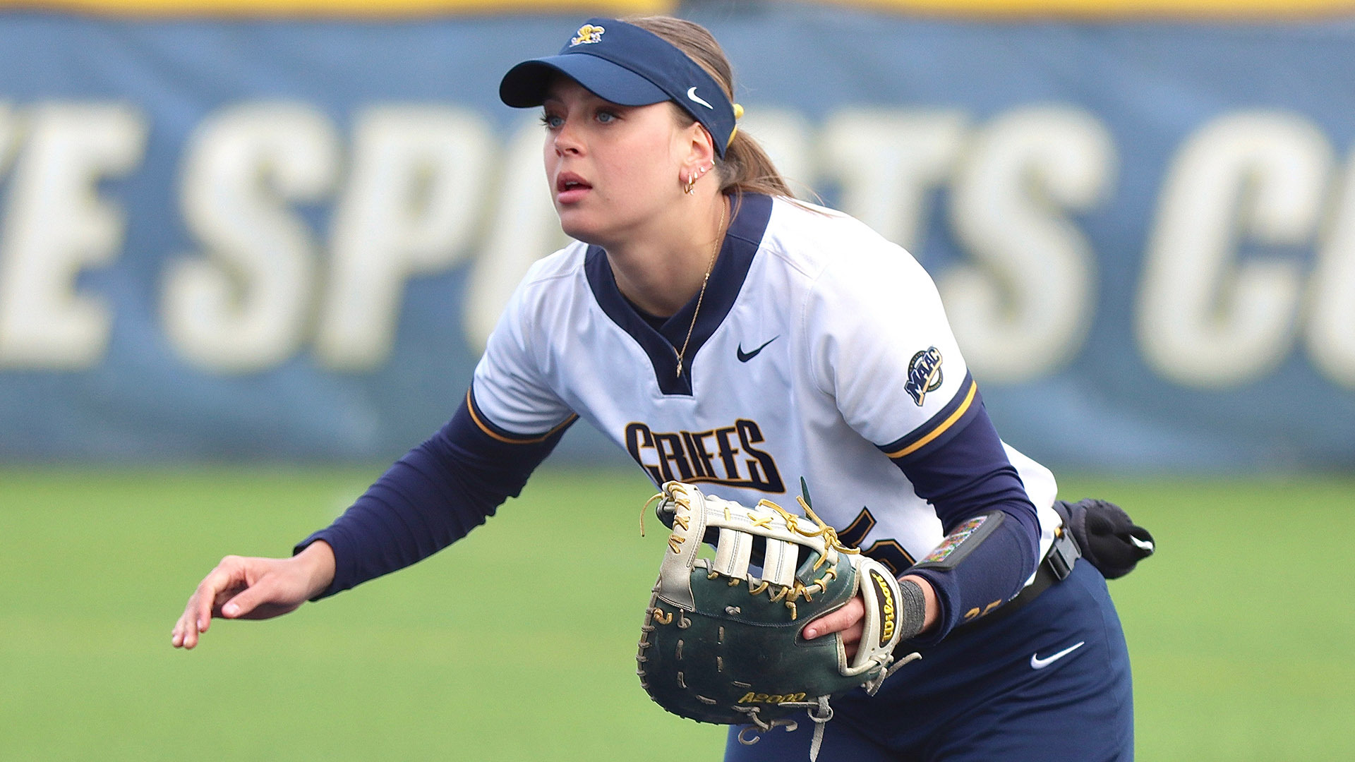 Rebecca Hai prepares for a defensive play in the Griffs home game against Siena on March 24, 2026.
