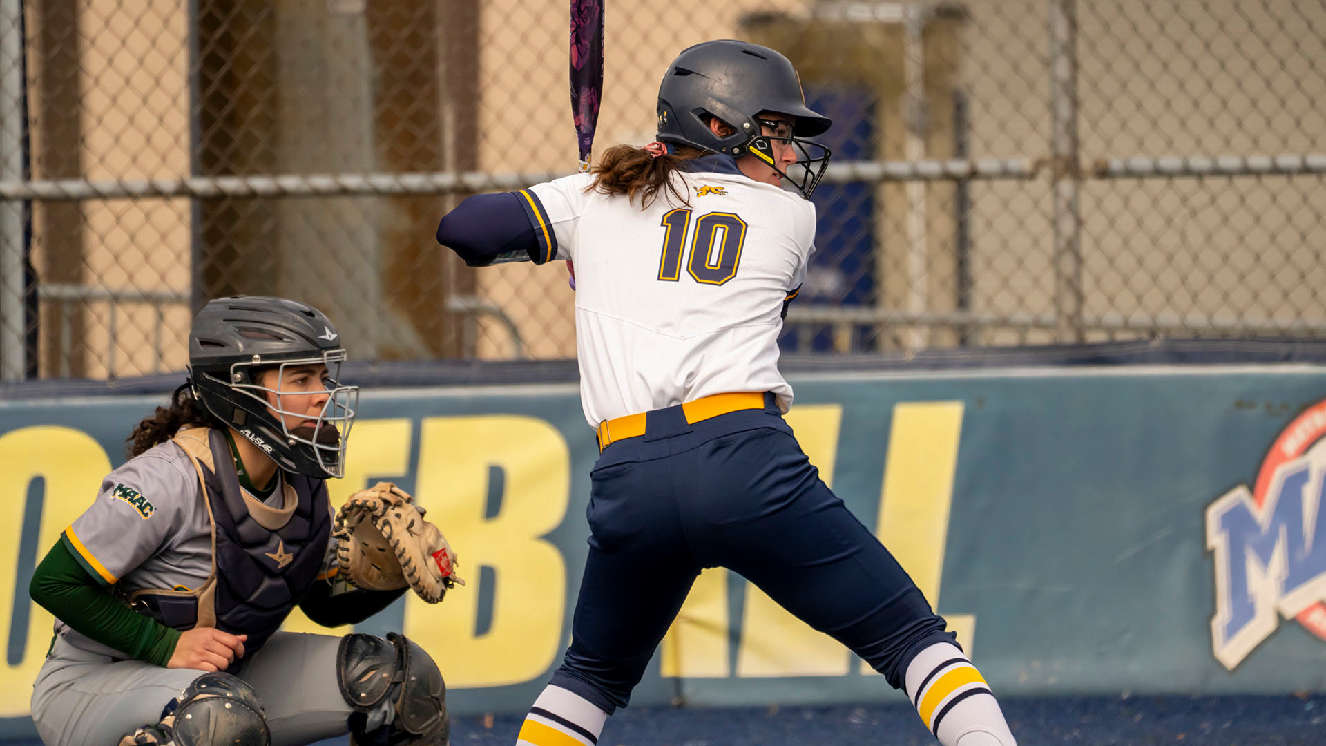 Ella Johel waits on a pitch in the first game of a MAAC doubleheader against Siena at the Demske Sports Complex on March 24, 2026.