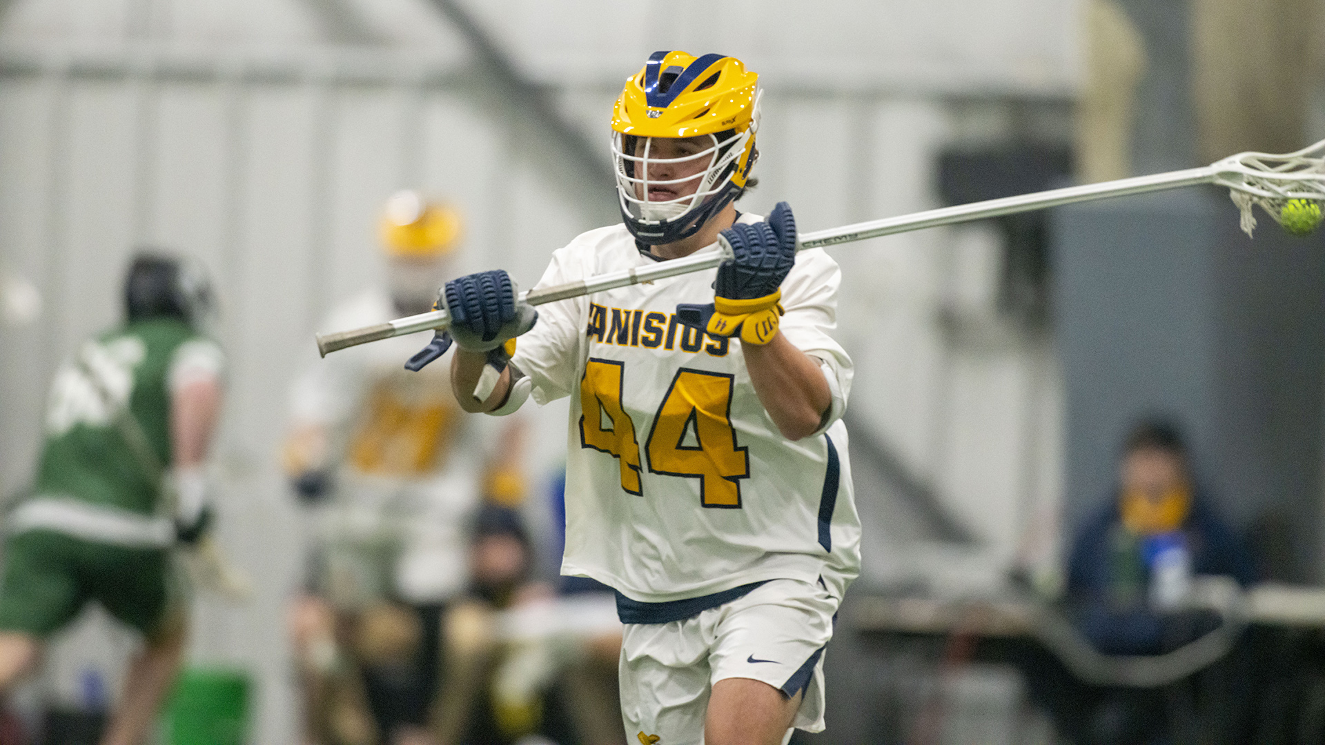 Canisius defenseman Hunter Roy is shown passing the ball during game action versus Le Moyne at Sahlen's Sports Park in Elma, N.Y. on Feb. 24, 2026