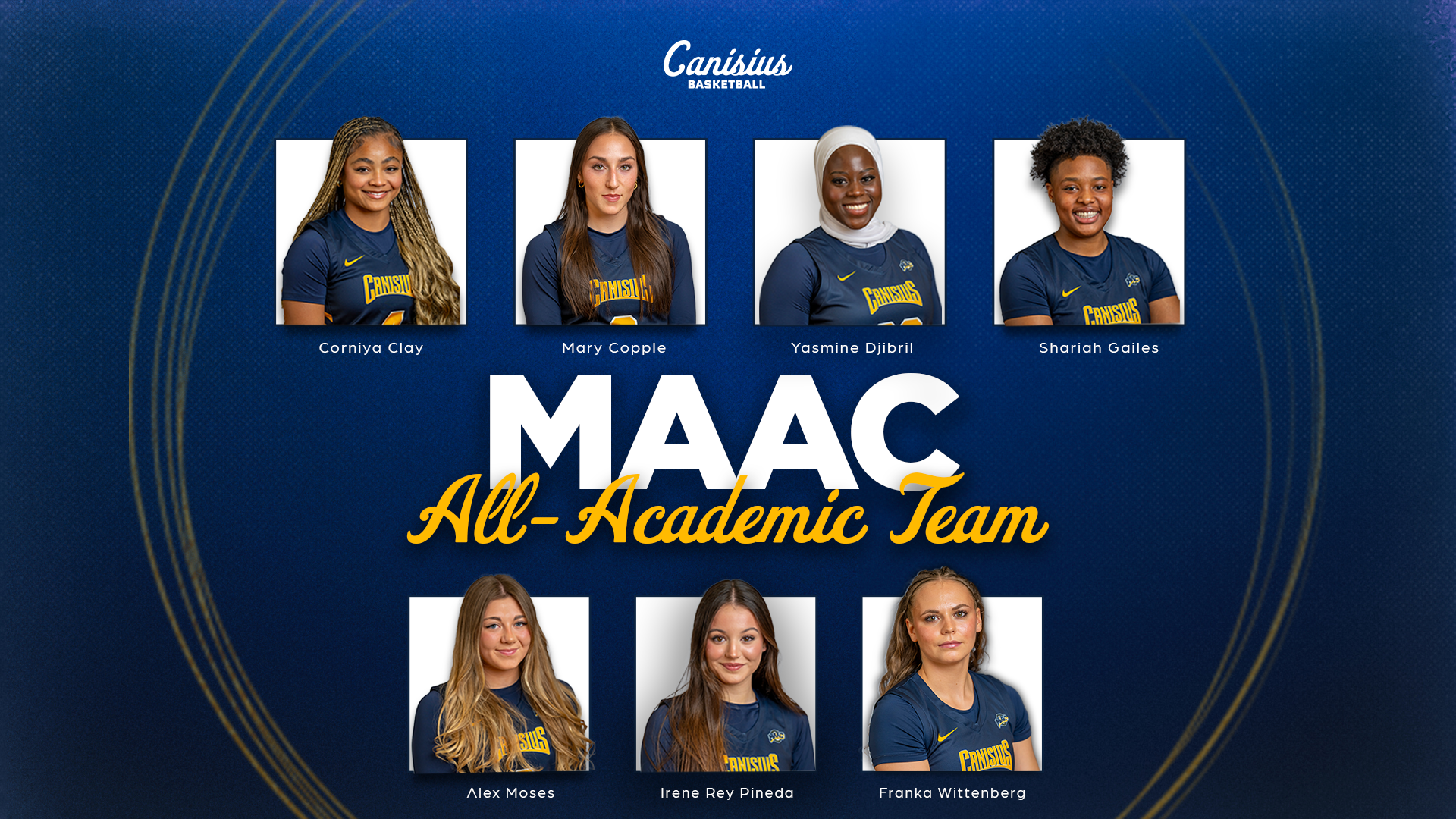 A graphic depicting seven players from the Women's Basketball team who were named to the MAAC All-Academic Team