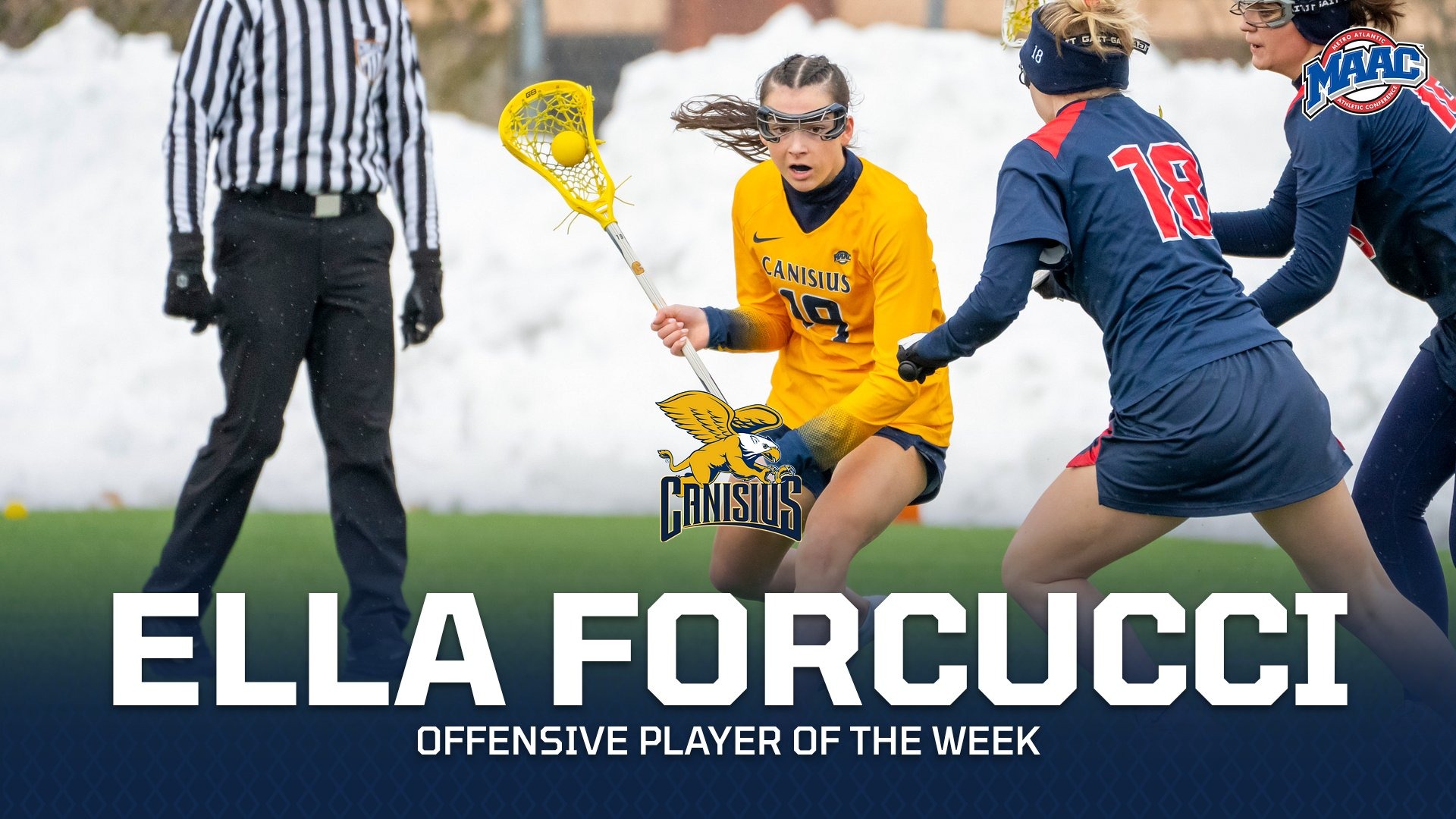 A graphic depicting Ella Forcucci being named Offensive Player of the week.