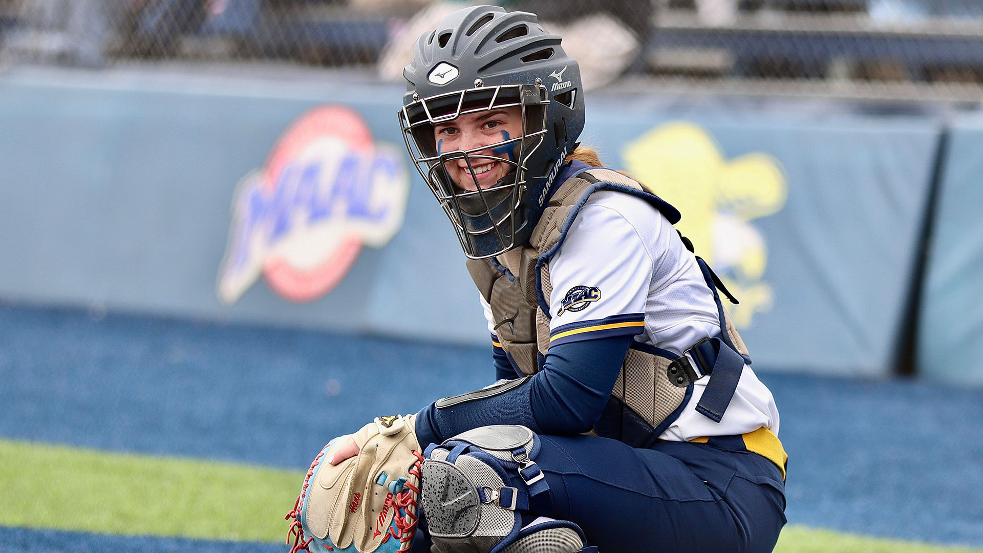 Maddy Hans looks into the dugout, waiting for a pitch call in a home game against Mount St. Mary's on April 12, 2026.