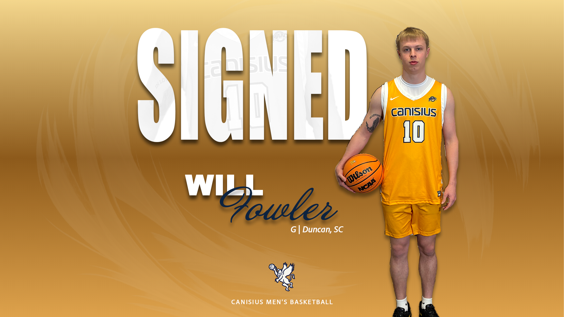 A graphic displaying new Canisius men's basketball player, Will Fowler
