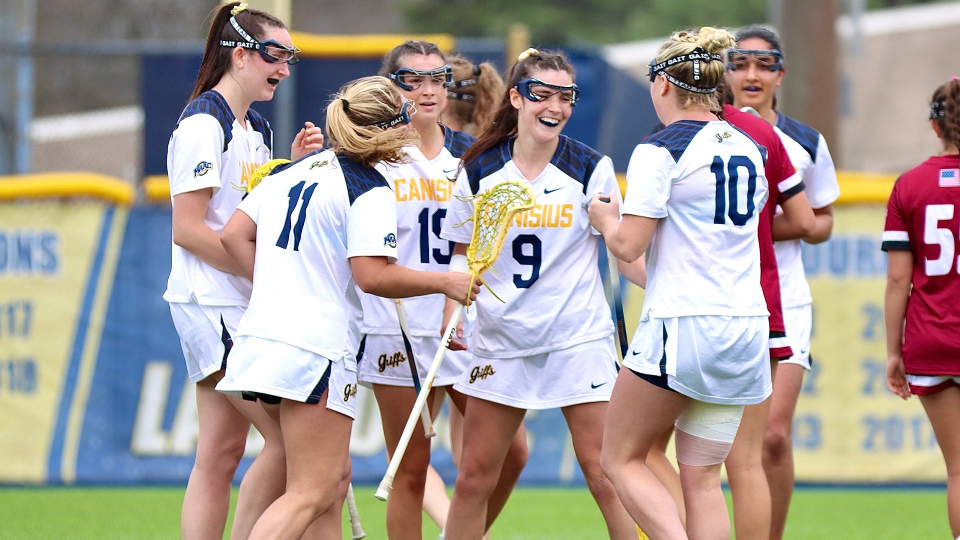 Meg Hiltz celebrates with teammates after a goal against Rider at the Demske Sports Complex in Buffalo, N.Y. on April 18th, 2026.