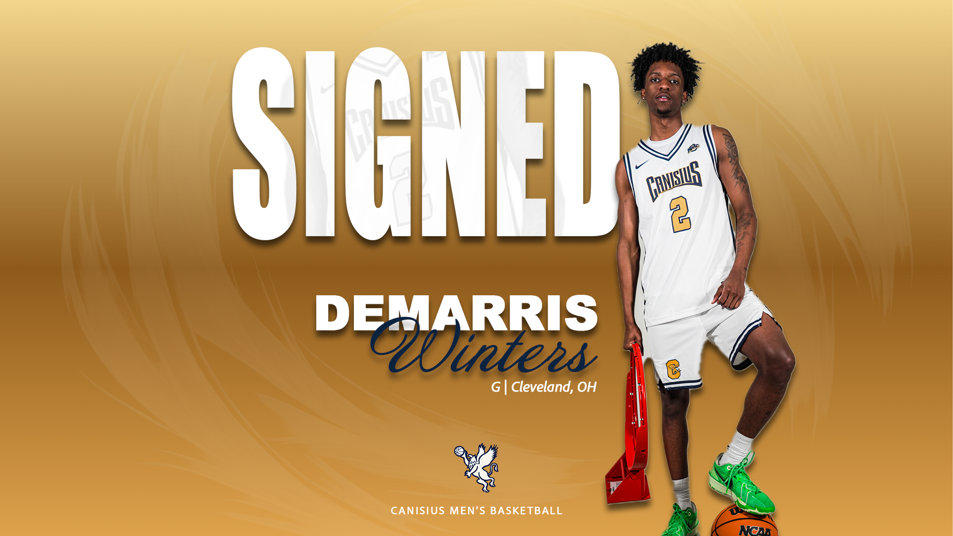 A graphic detailing that Demarris Winters have committed to play men's basketball at Canisius University.