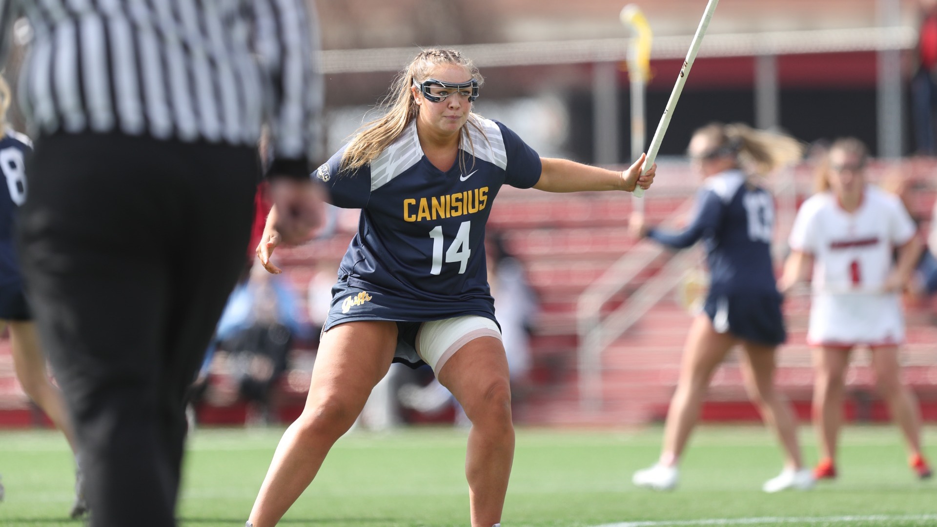 Ava Pezzimienti guards a defender against Louisville at the U of L Lacrosse Stadium in Louisville, Ky. on February 25, 2026.
