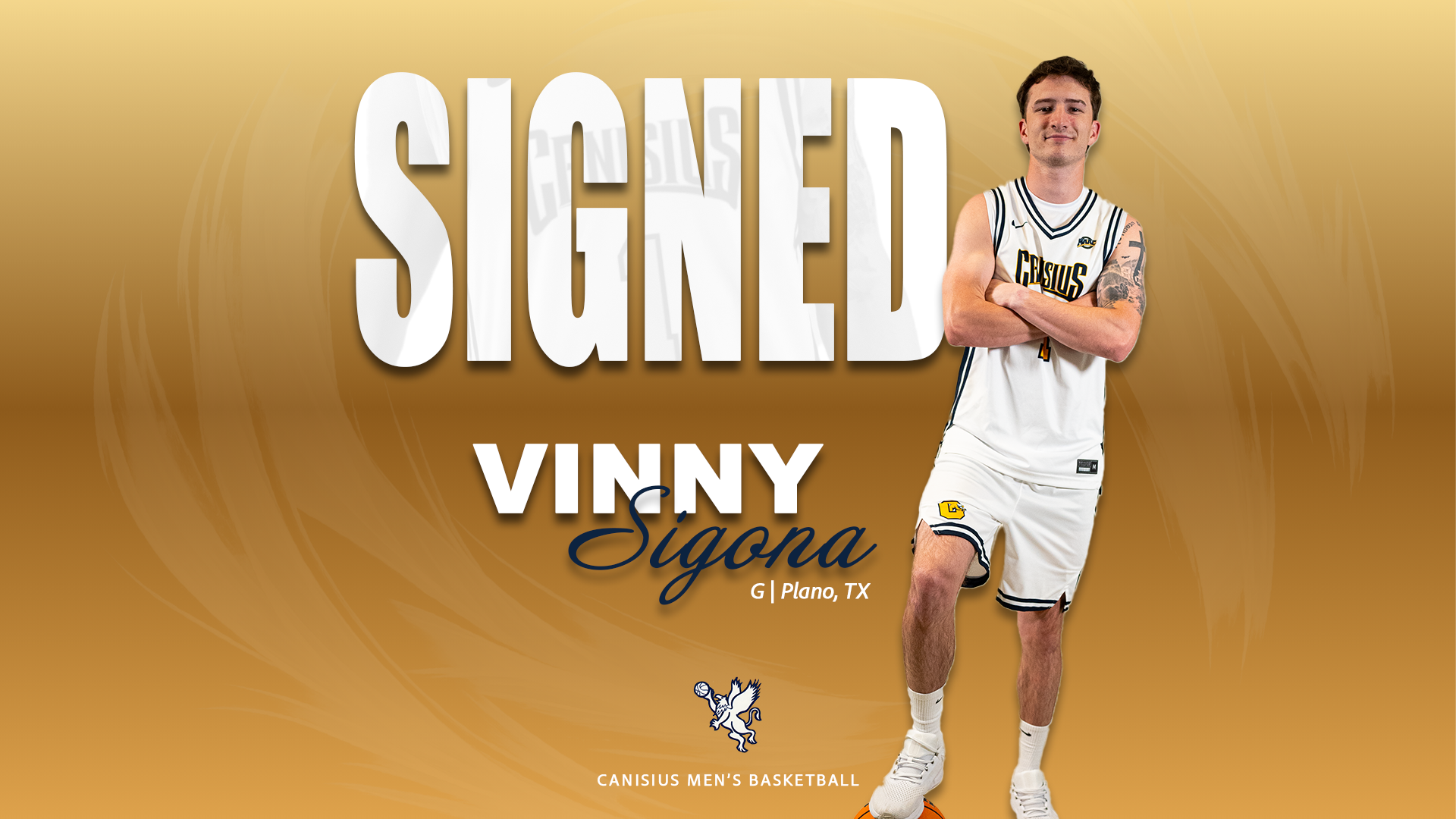 A graphic announcing that men's basketball player Vinny Sigona has joined the Canisius roster for 2026-27.