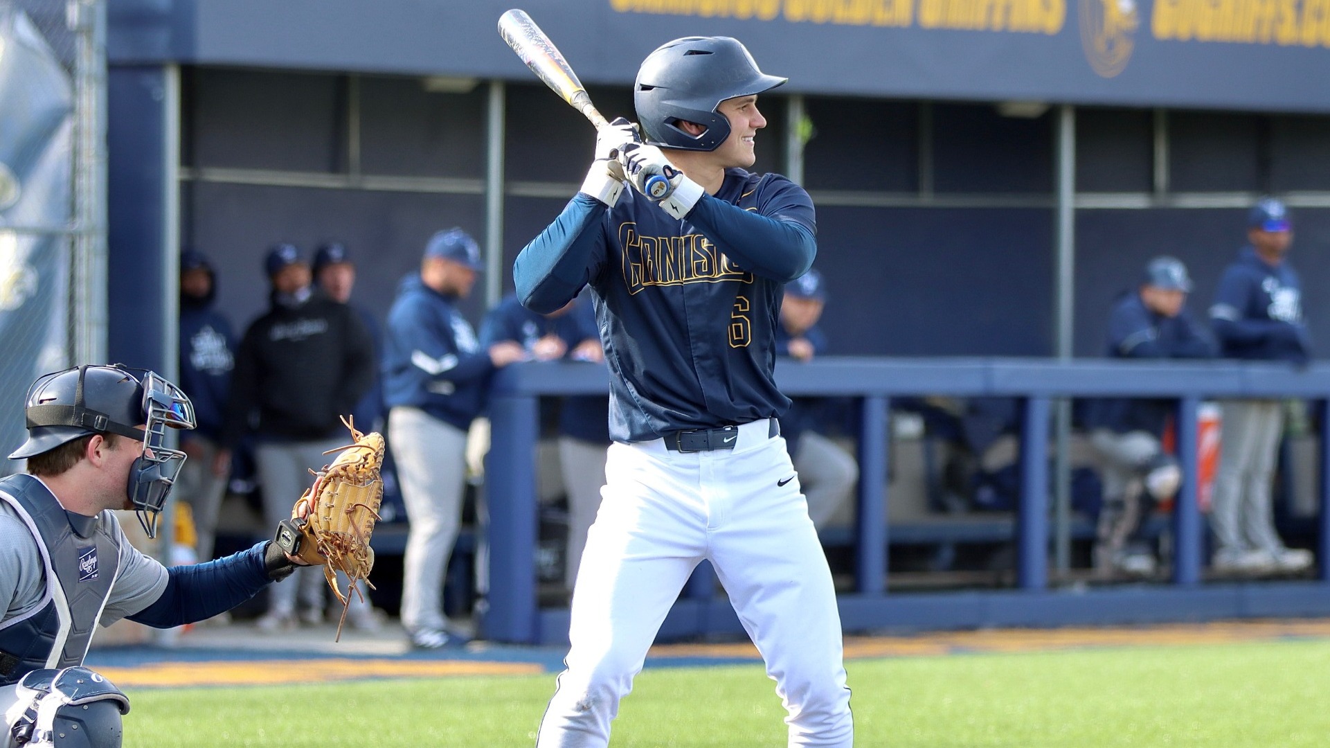 Bennett Cox stands in the box in a game vs Saint Peter's - April 3, 2026