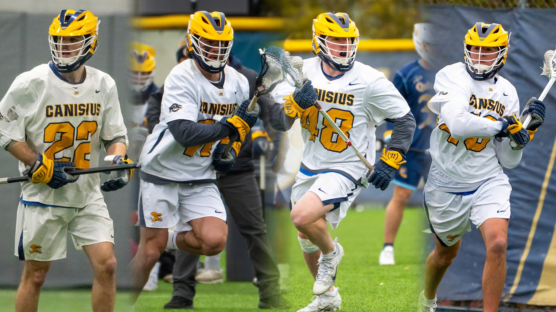 Men's lacrosse student-athletes Alexis Simard (left), Kaiden Libby, Micah Hanson and Justin Relosky are shown in game action photos in this graphic honoring them as All-MAAC Award winners