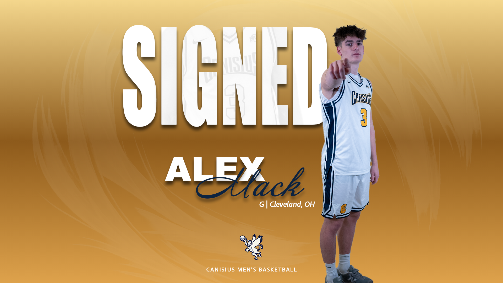 A graphic stating that Alex Mack has committed to play basketball at Canisius University.