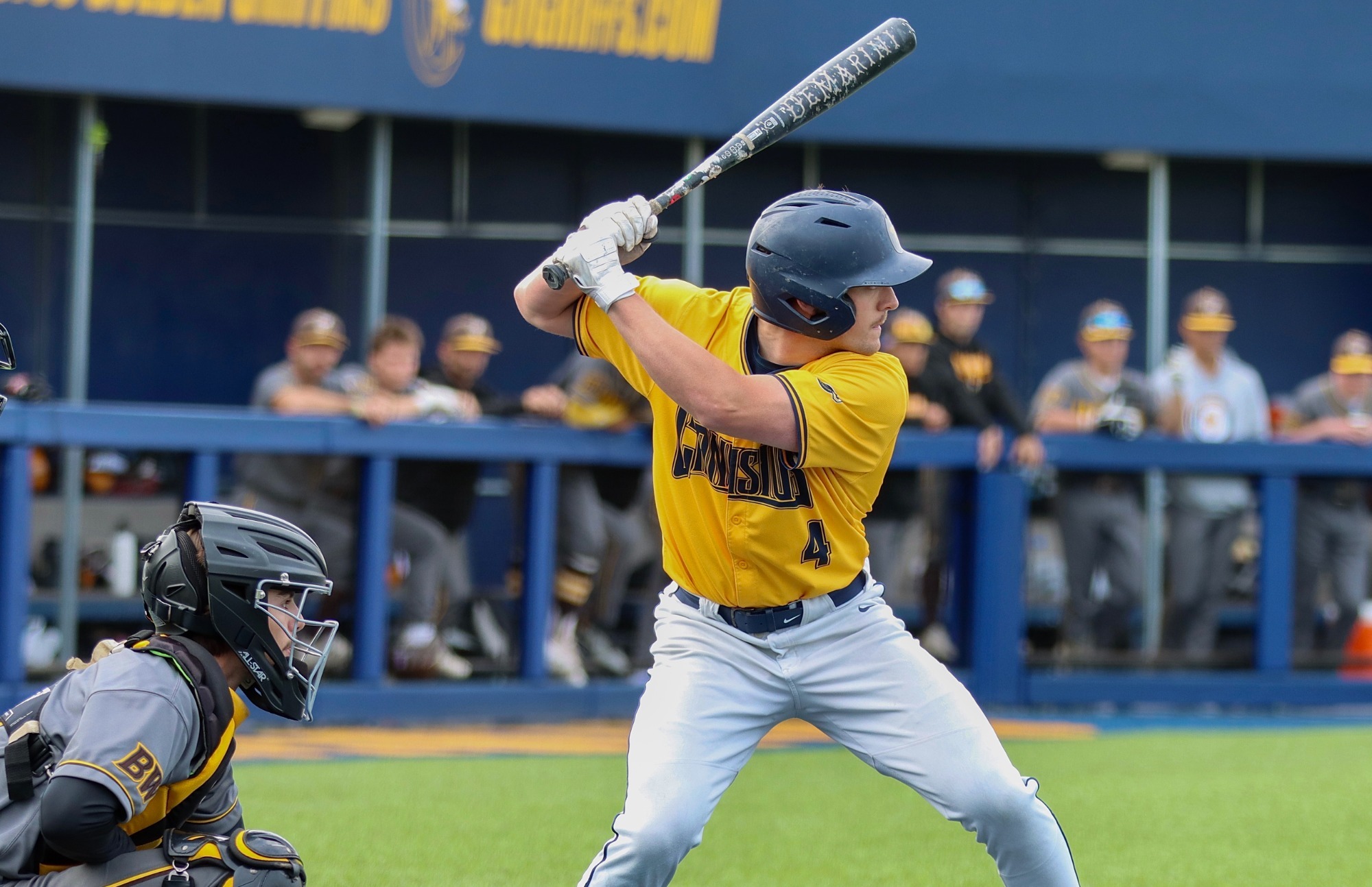 Brayden Hy waits for a pitch during game action versus Baldwin Wallace at the Demske Sports Complex on April 28, 2026