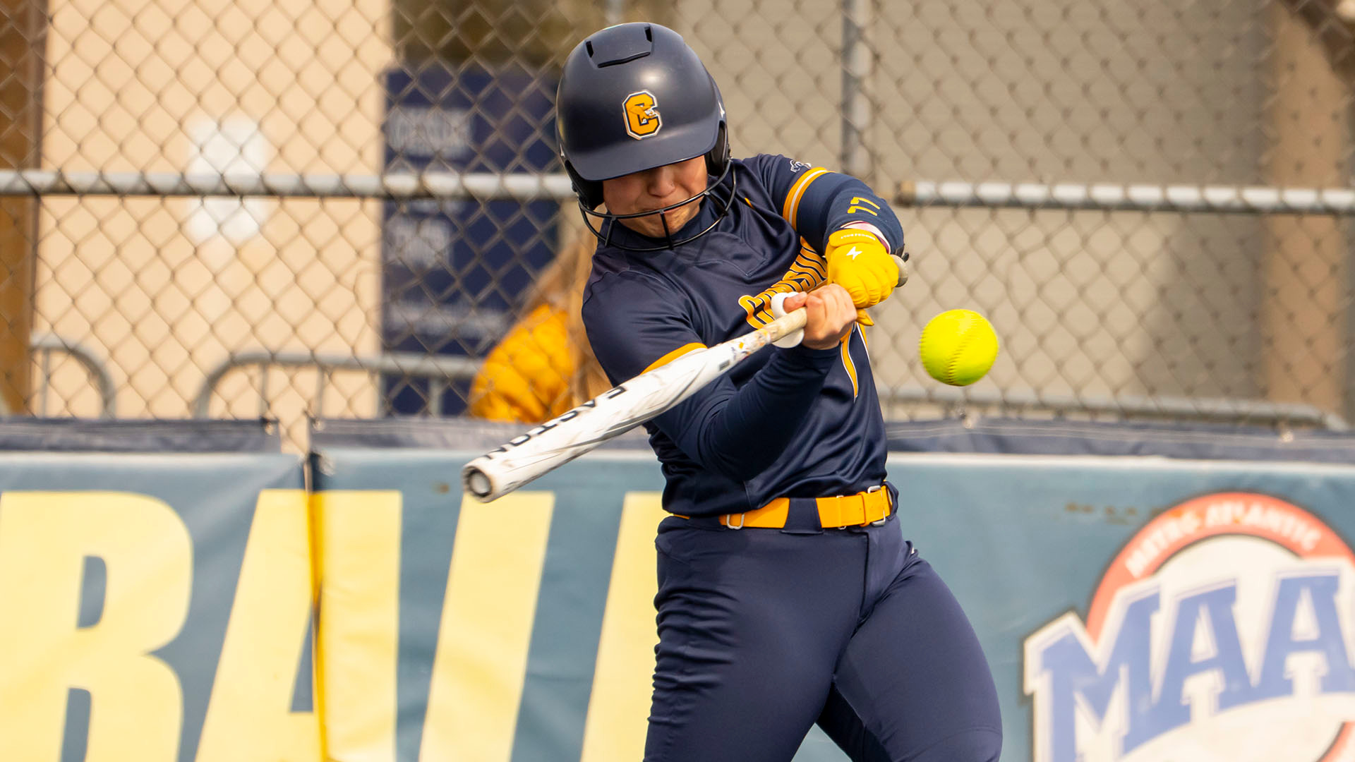 Baoley Alatorre hammers a pitch in the first game of a MAAC doubleheader against Fairfield at the Demske Sports Complex on March 29, 206.