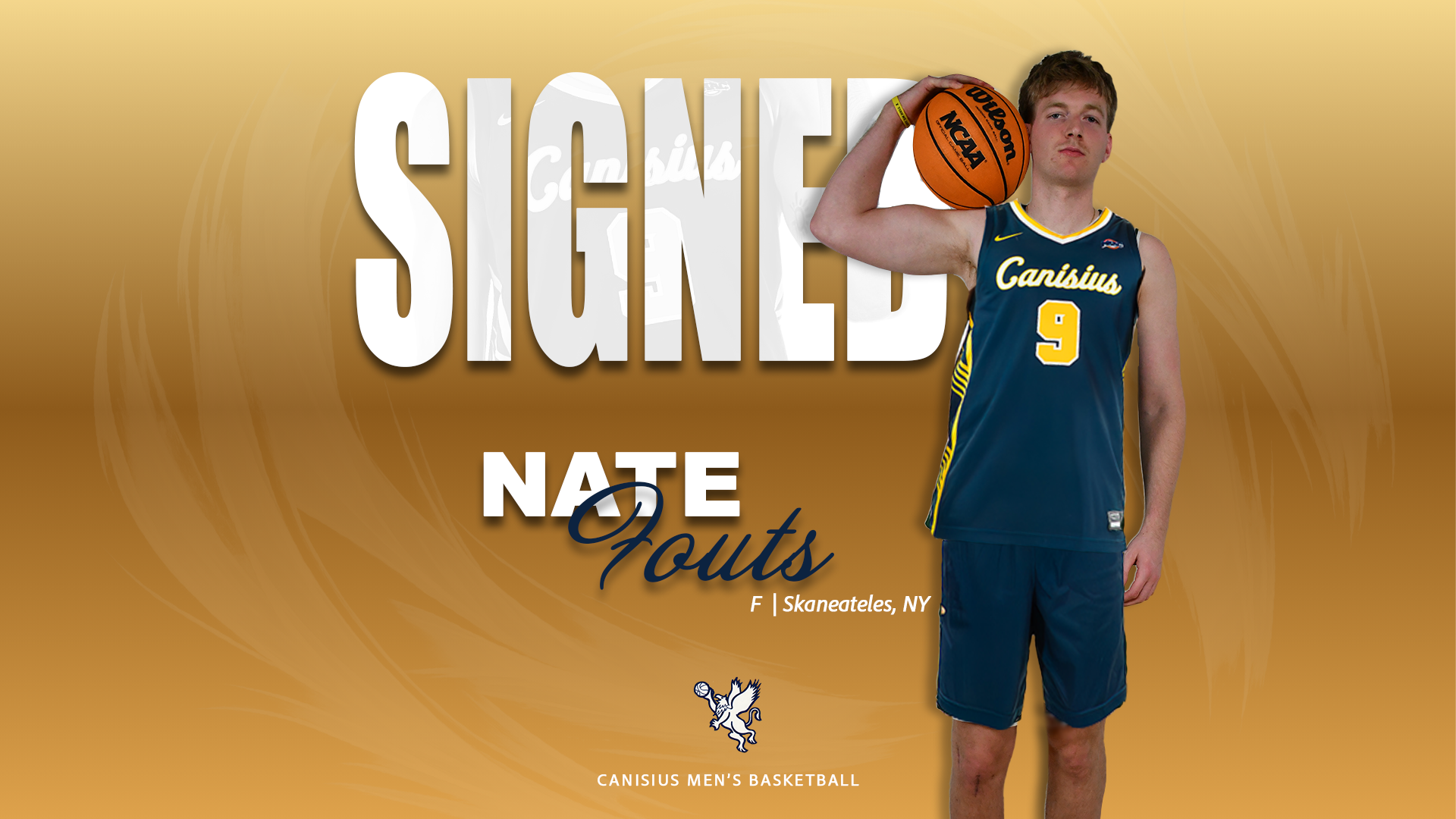 A graphic showing that Nate Fouts has commited to play men's basketball at Canisius in 2026-27.