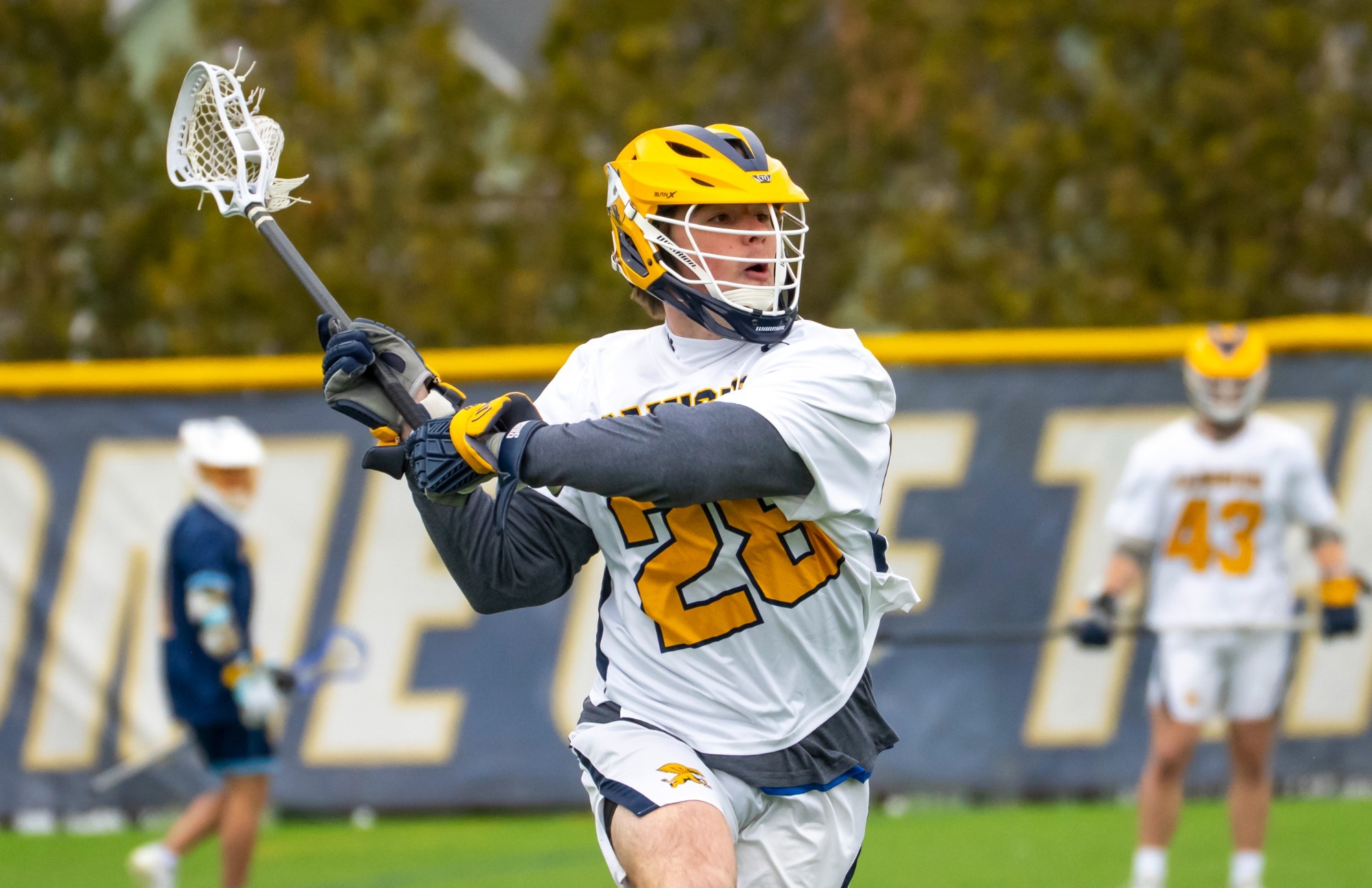 Canisius midfielder Quinn Huber is shown shooting the ball in game action against Quinnipiac at the Demske Sports Complex on March 14, 2026