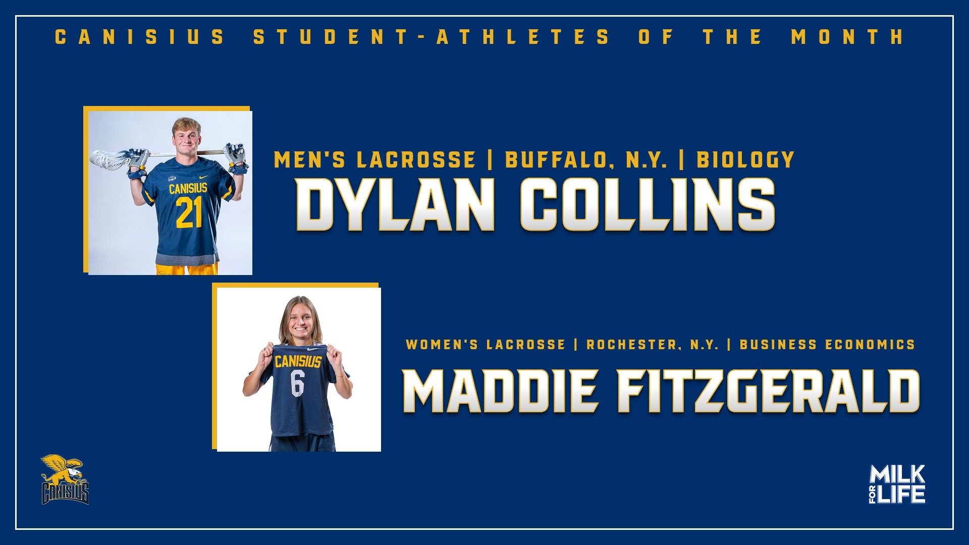 Graphic recognizing Dylan Collins and Maddie Fitzergald as the Canisius student-athletes of the month for March 2026