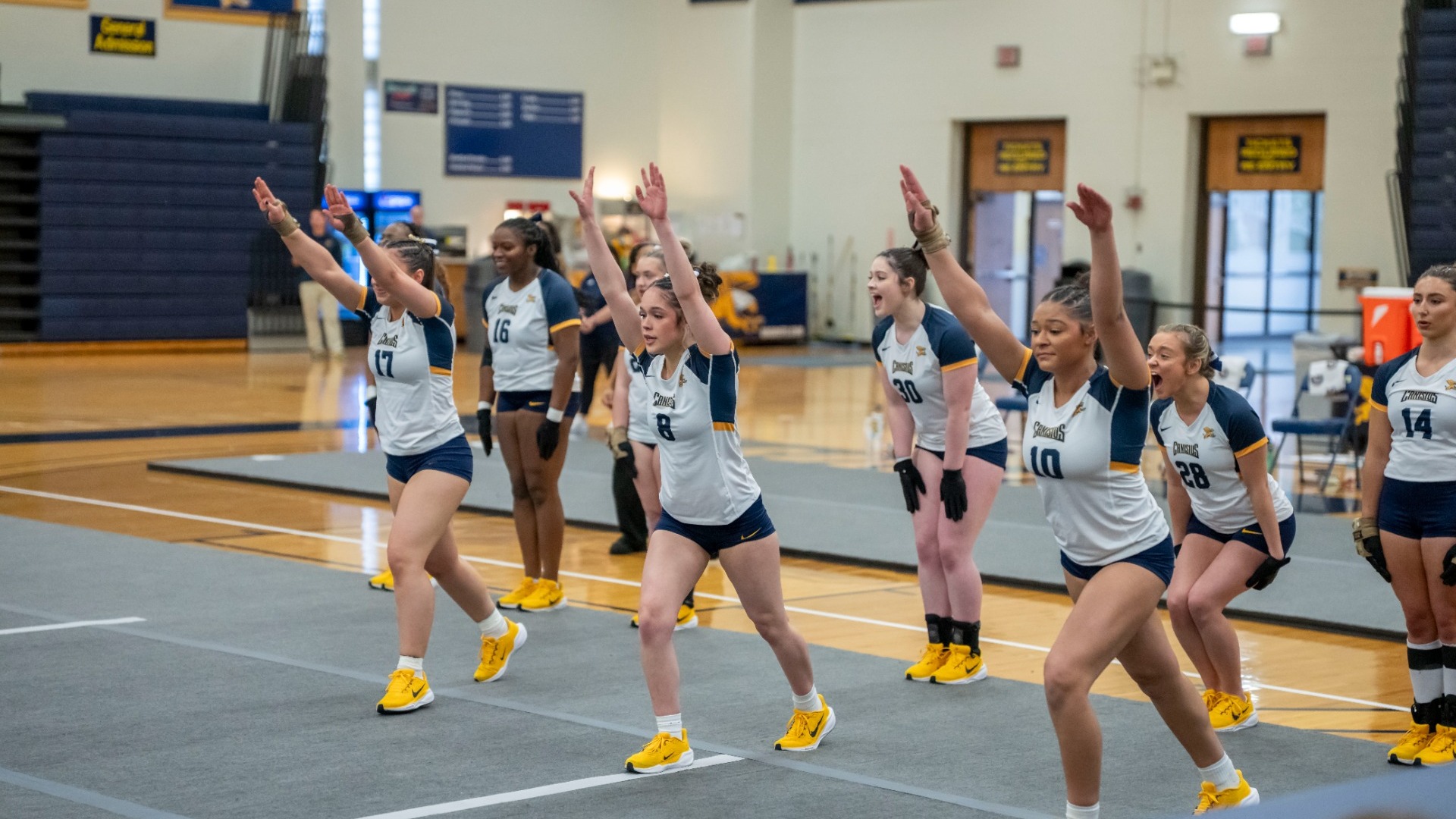 The team takes the floor in the team event against Buffalo State at the Koessler Athletic Center.