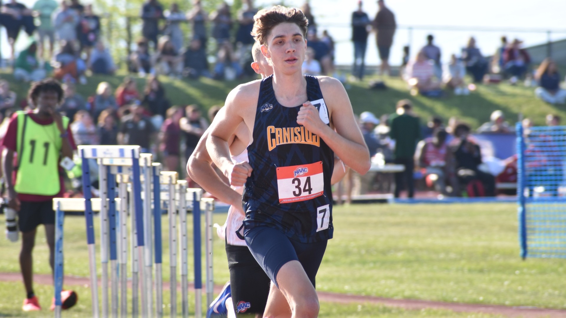 Joe Pivarunas running in the 3,000-meter steeplechase at the 2026 MAAC Outdoor Track and Field Championships