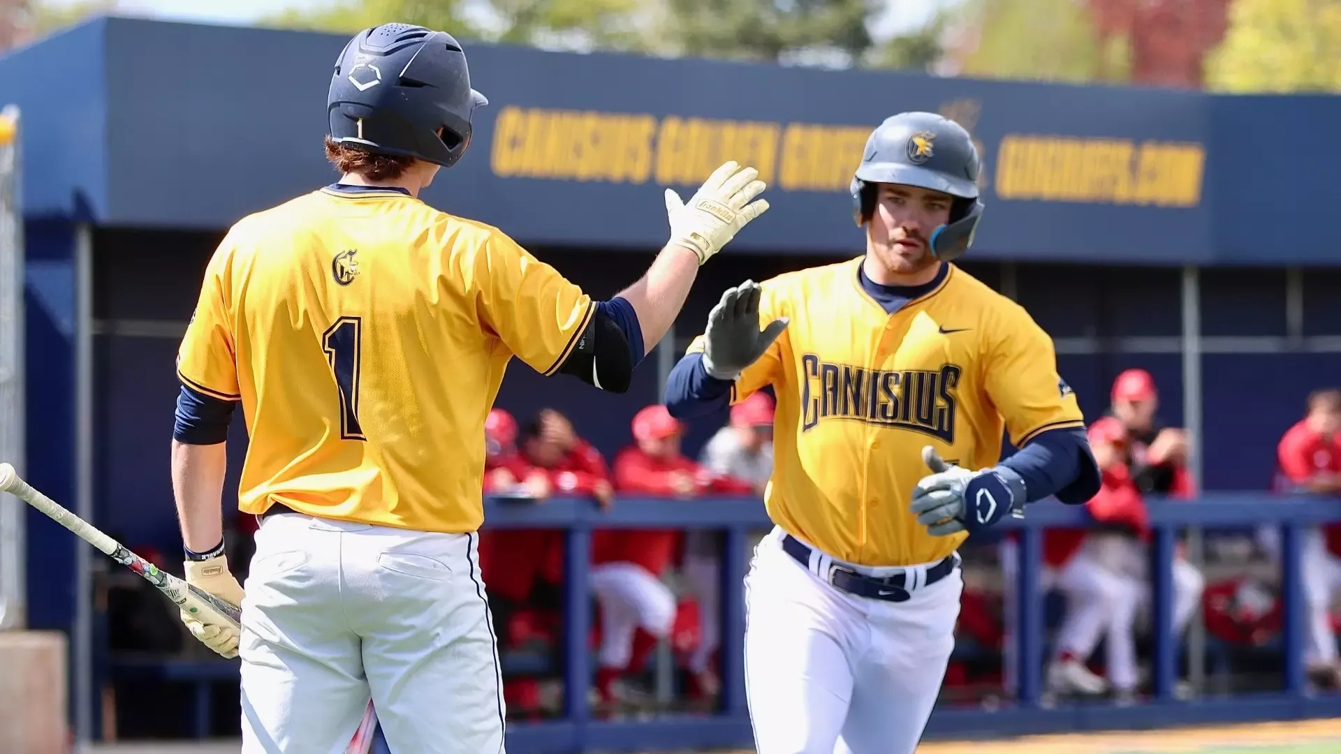 Grady Brown and Justin Bremner celebrate at home plate in a game against Sacred Heart - May 10, 2026