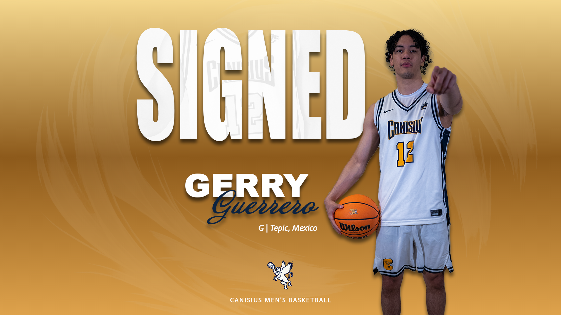 A graphic displaying that Gerry Guerrero will be on the men's basketball team for the 2026-27 season.