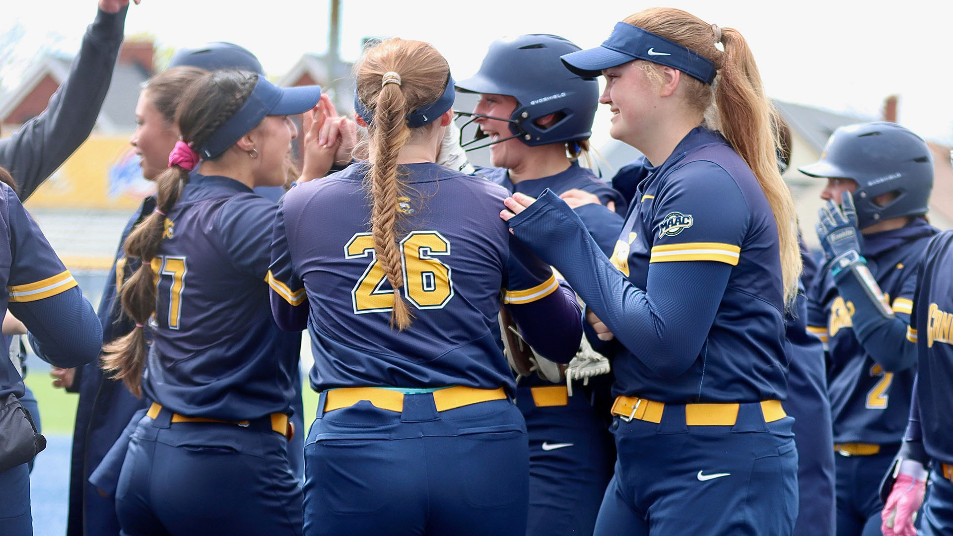 Mia Preuhs celebrates with her teammates after she hit her first career home run in a home win over Niagara on May 2, 2026.