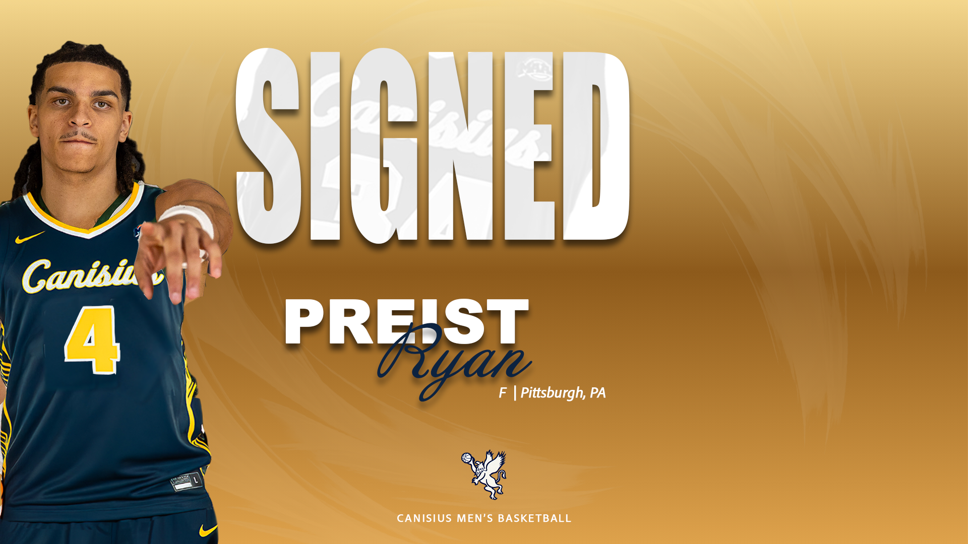 A graphic detailing Preist Ryan has committed to to play men's basketball at Canisius University, starting in 2026.