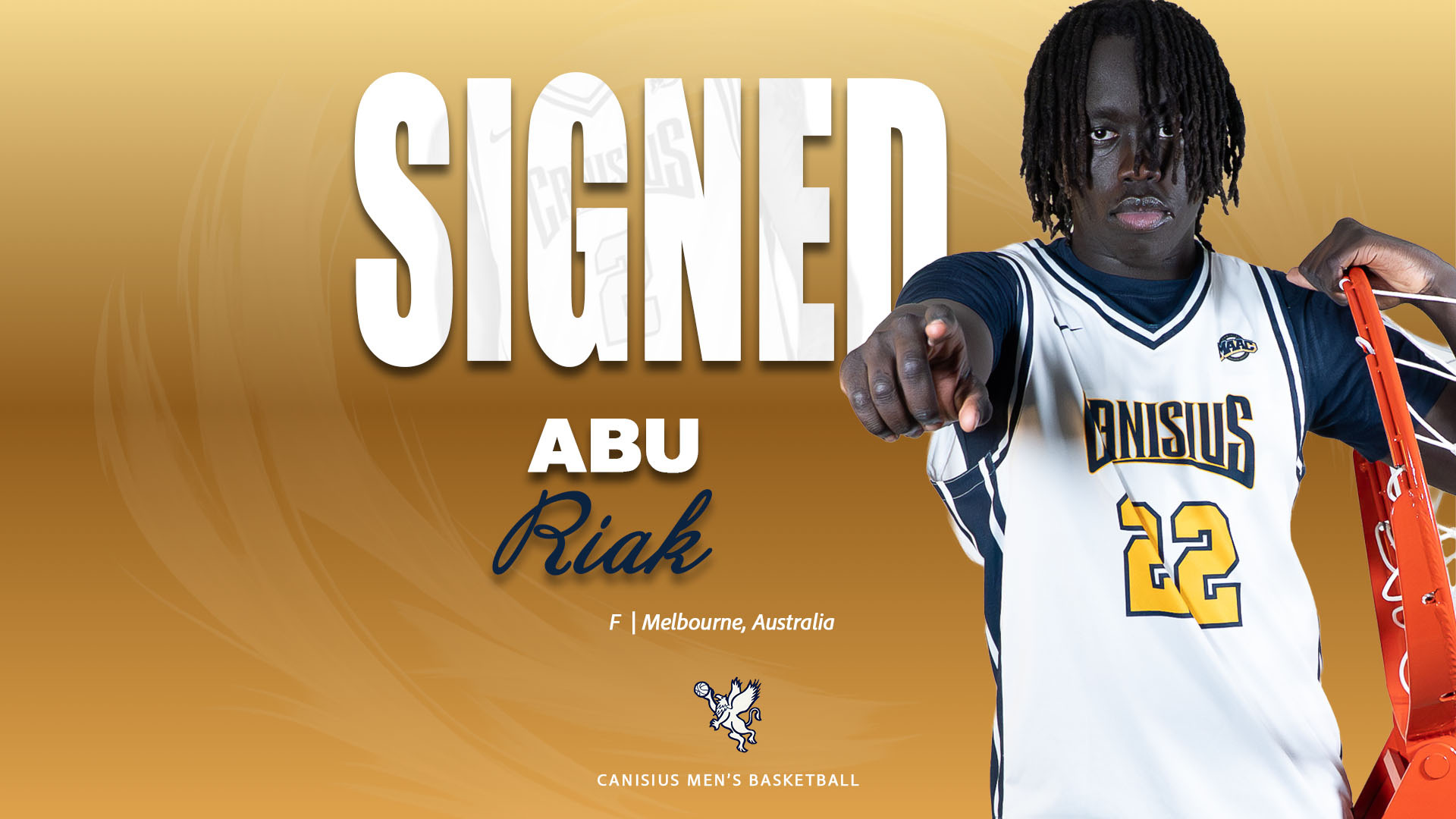 A graphic showing future men's basketball player Abu Riak, who will play basketball at Canisius in 2026-27.