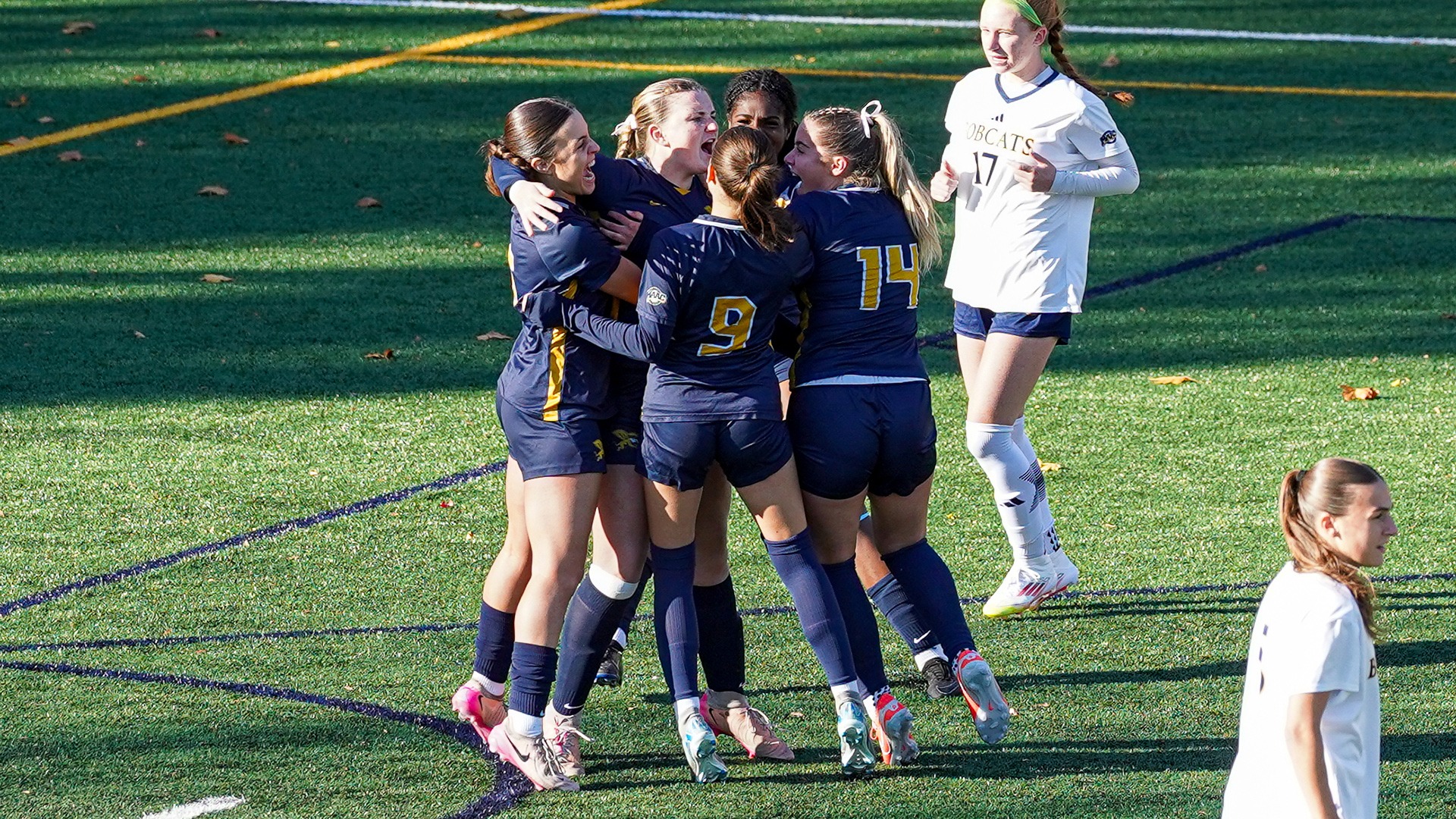 Canisius forward Maggie Cregan celebrates with teammates after scoring a penalty-kick goal in the semifinals of the 2025 MAAC Championship on Nov. 6, 2025