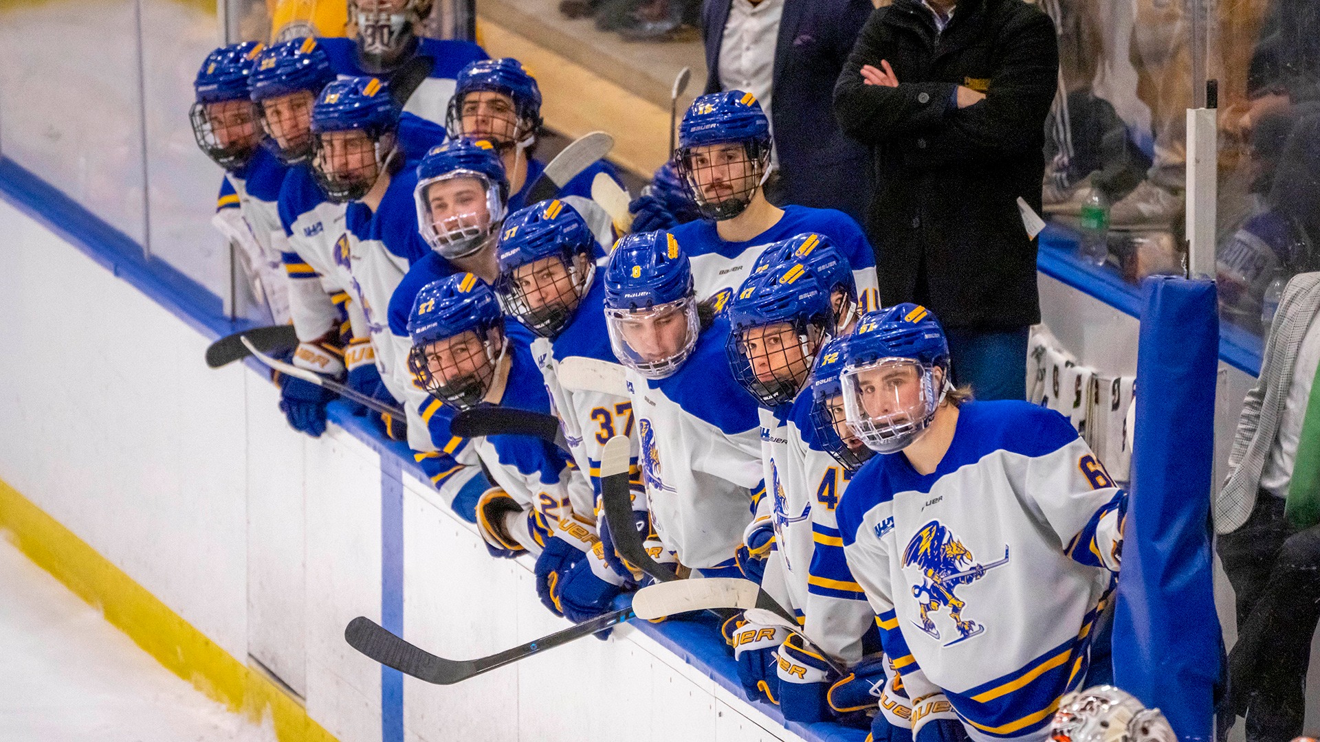 Members of the Canisius hockey team are shown on the bench in game action against RIT at LECOM Harborcenter on Dec. 6, 2025