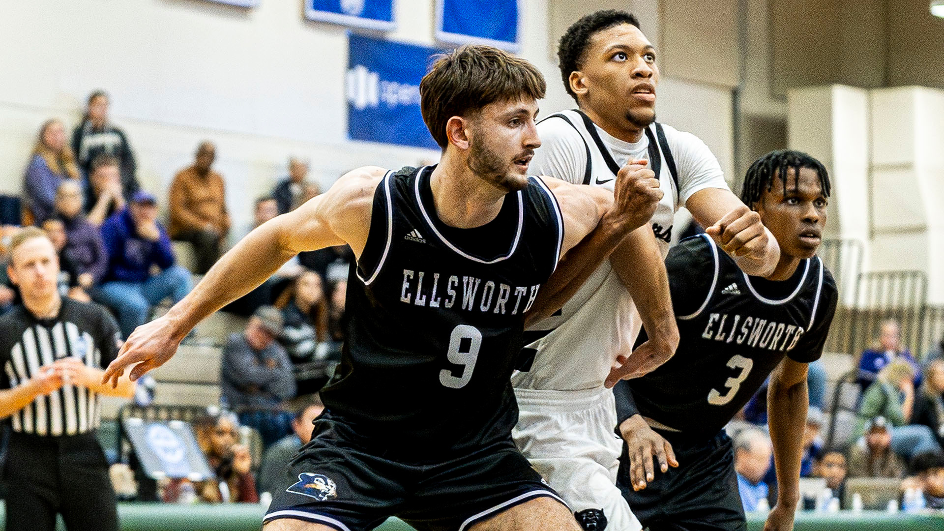 Will Taylor, , wearing No. 9 for Ellsworth, boxes out an opponent in a road game during the 2025-26 basketball season.