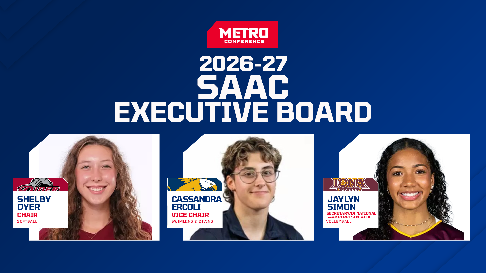A Graphic with three headshots showing the 2026-27 Metro Conference E-board