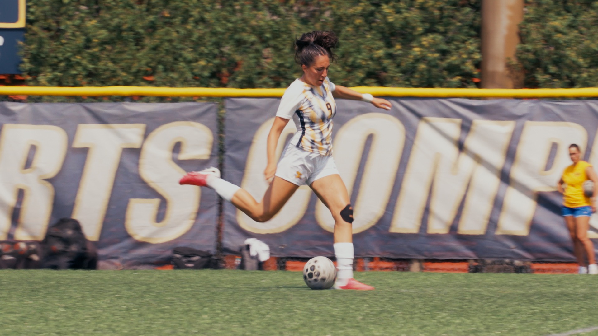 Canisius freshman Romane Lanni is shown kicking a soccer ball during game action versus Le Moyne at the Demske Sports Complex on Aug. 13, 2026