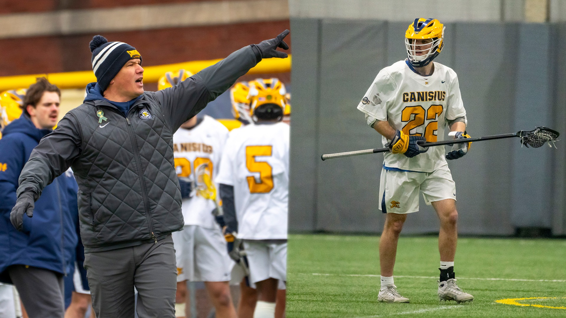 Canisius head men's lacrosse coach Mark Miyashita (left) and defenseman Alexis Simard (right) are shown in game action in these undated photos