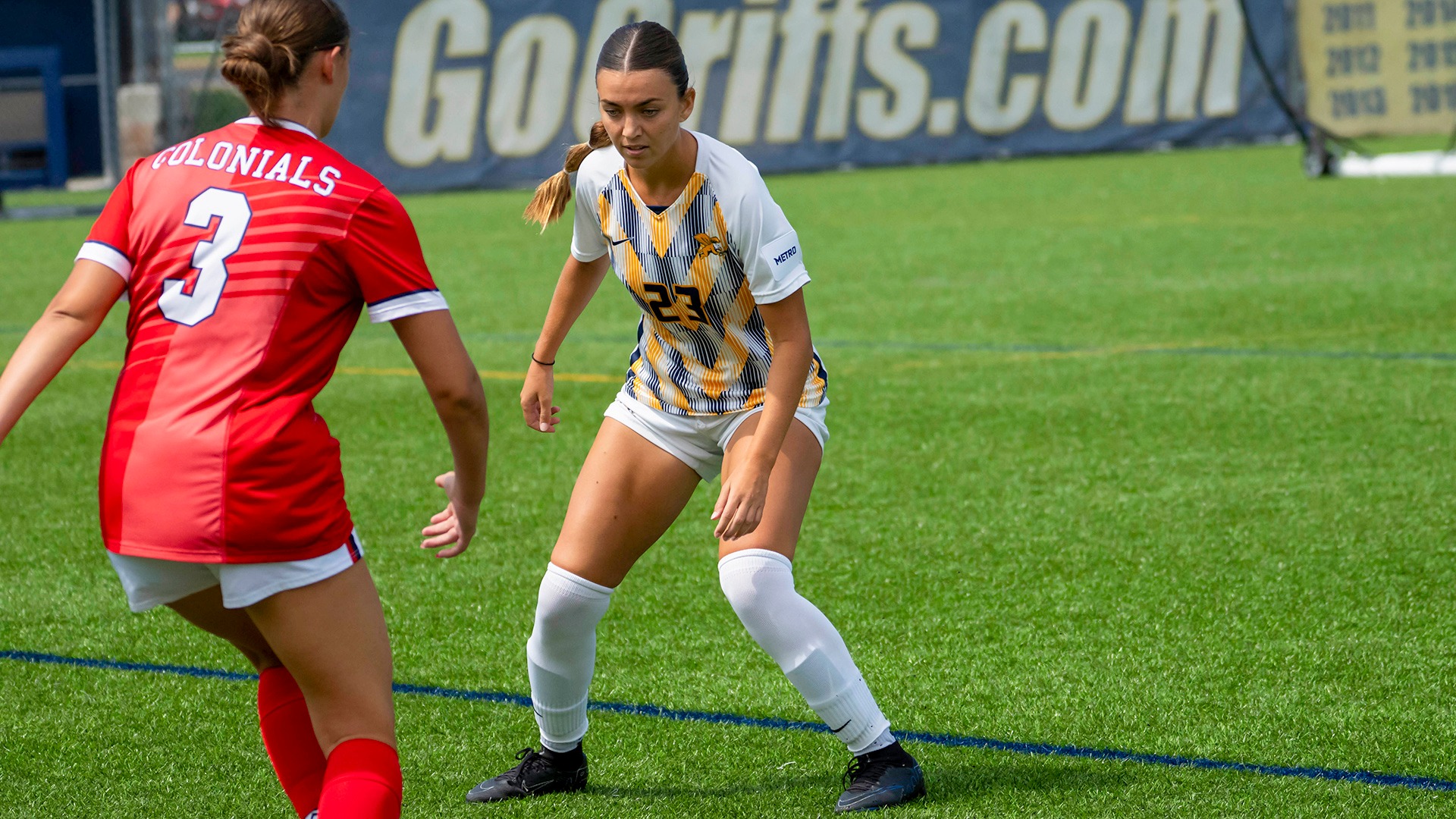 Canisius midfielder Melissa Groseibl is shown defending a Robert Morris player during game action at the Demske Sports Complex on Aug. 20, 2026
