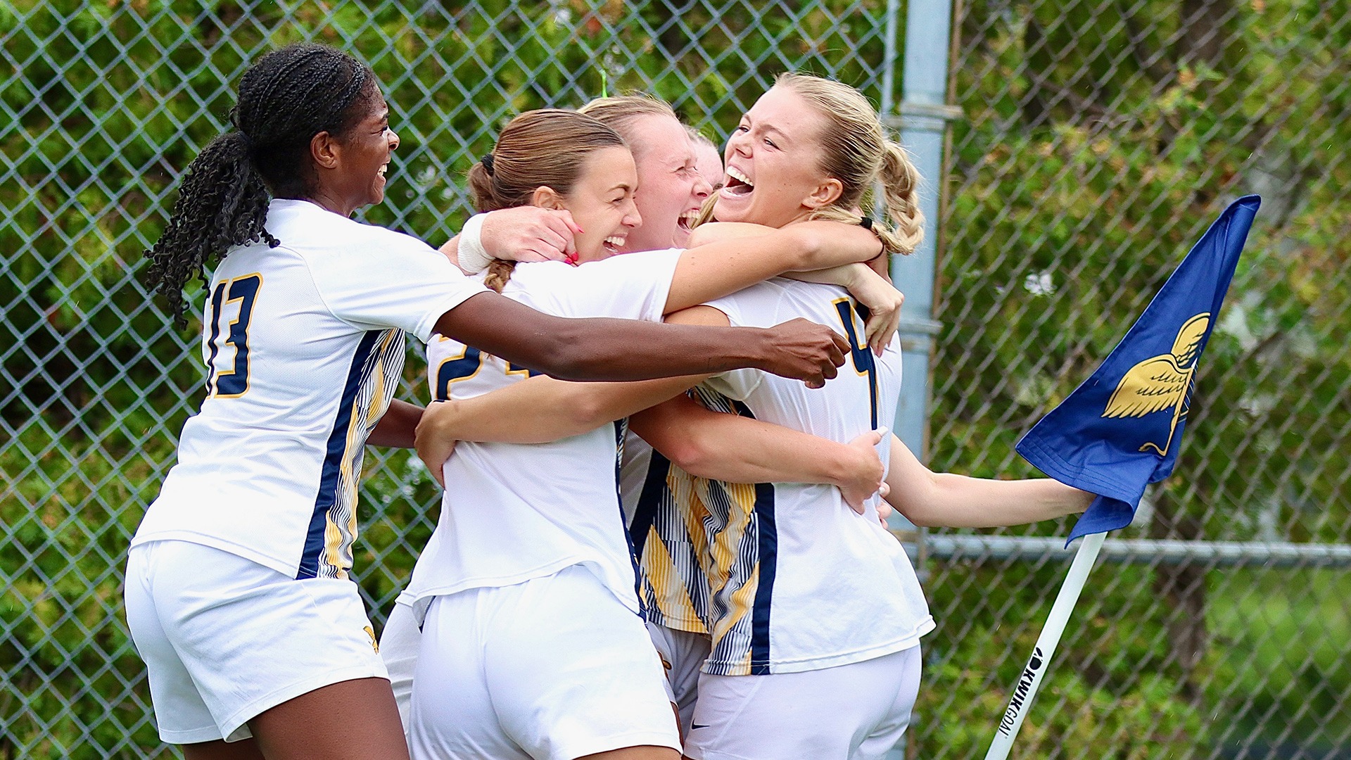 Members of the Canisius women's soccer team celebrate with junior Ava Pickard (far right) after she scored the game-winning goal in the Griffs' 1-0 victory over Rider at the Demske Sports Complex on Sept. 19, 2026