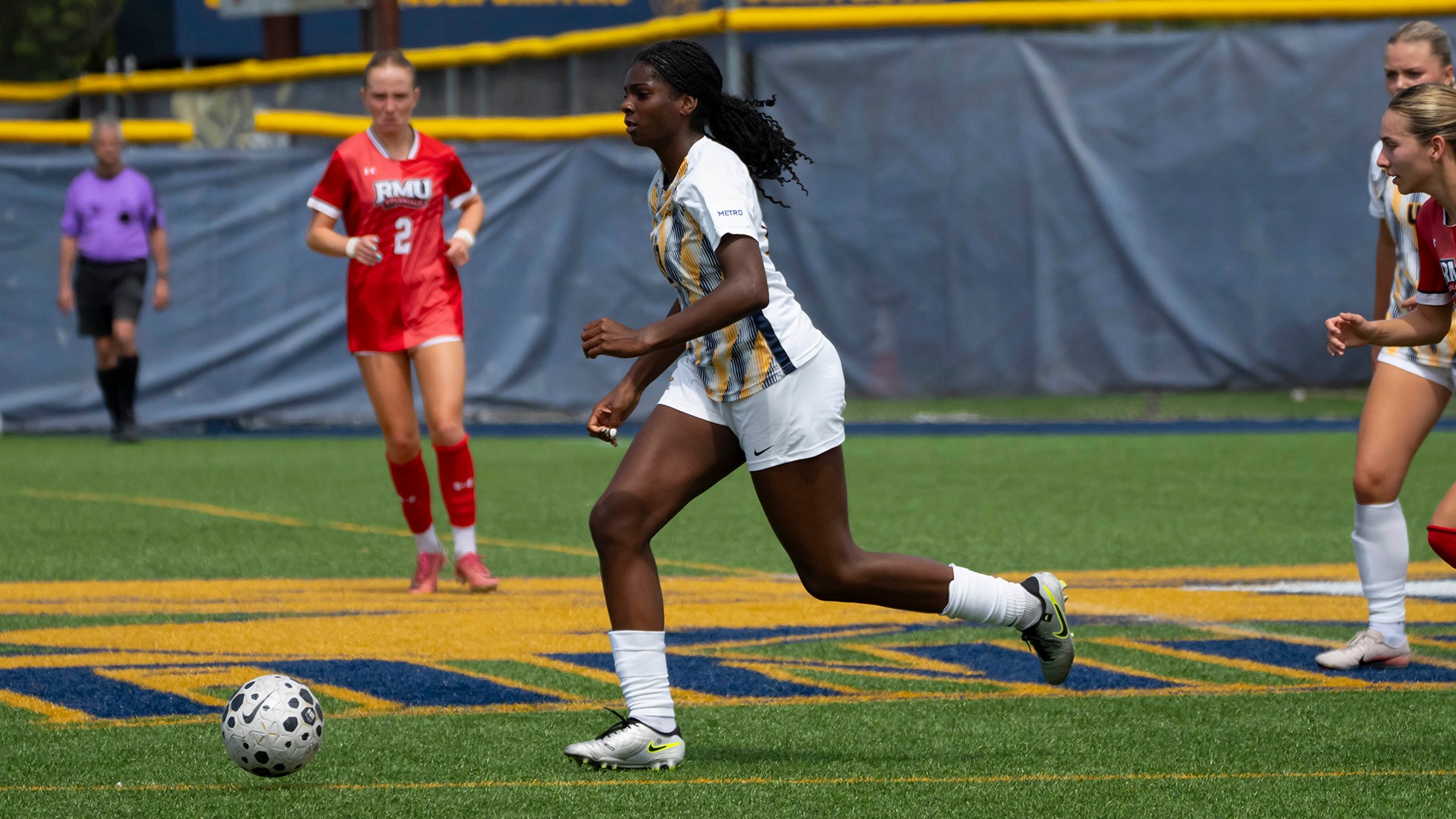 Canisius midfielder Azaria Fagan is shown dribbling the ball during game action versus Robert Morris at the Demske Sports Complex on Aug. 20, 2026