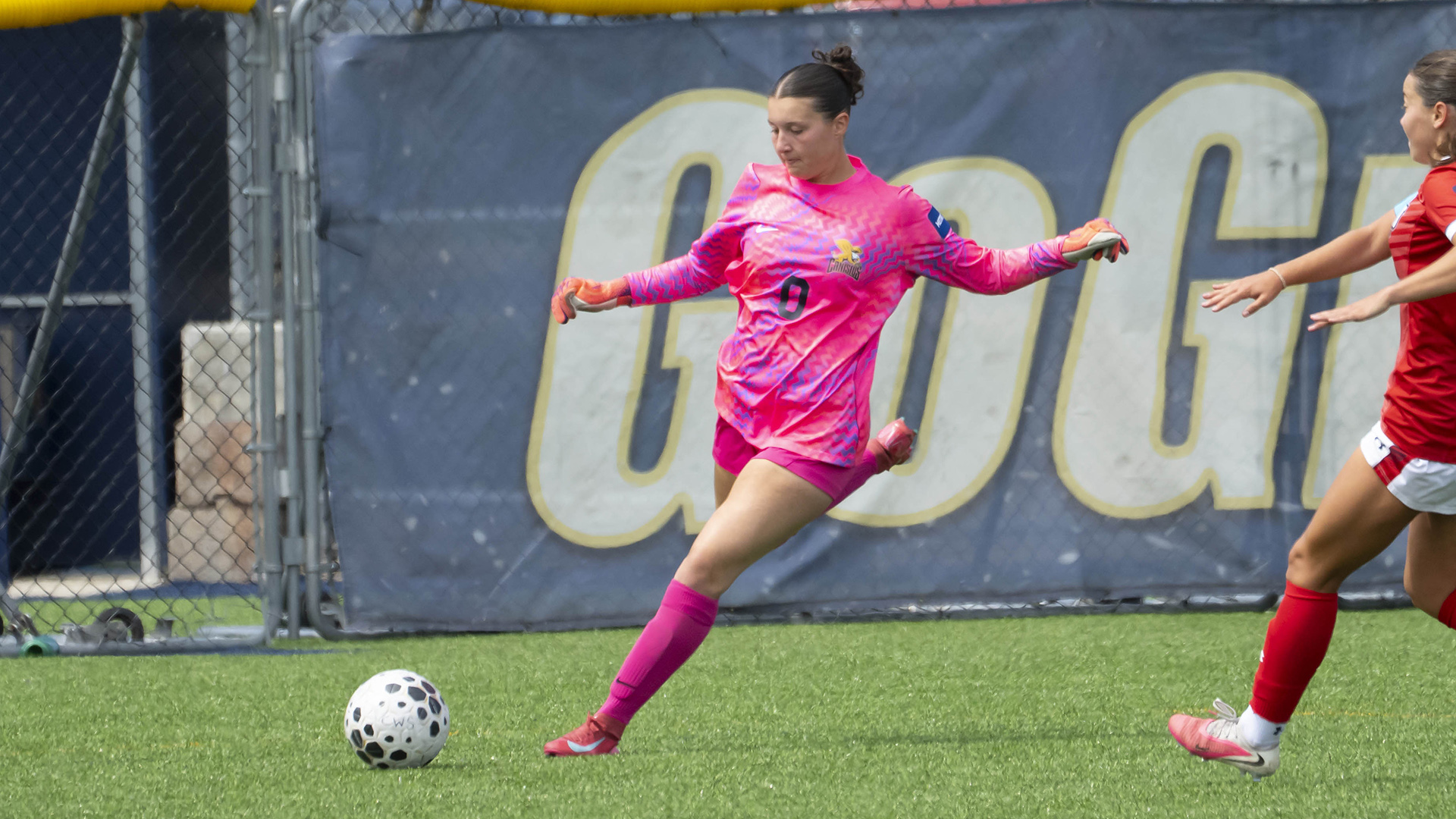 Canisius goaltender Alexa Turmel kicks the ball during game action versus Robert Morris at the Demske Sports Complex on Aug. 20, 2026
