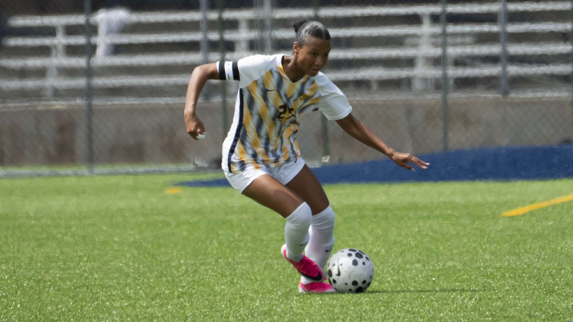Canisius midfielder Mya Jones dribbles the ball during game action against Robert Morris at the Demske Sports Complex on Aug. 20, 2026