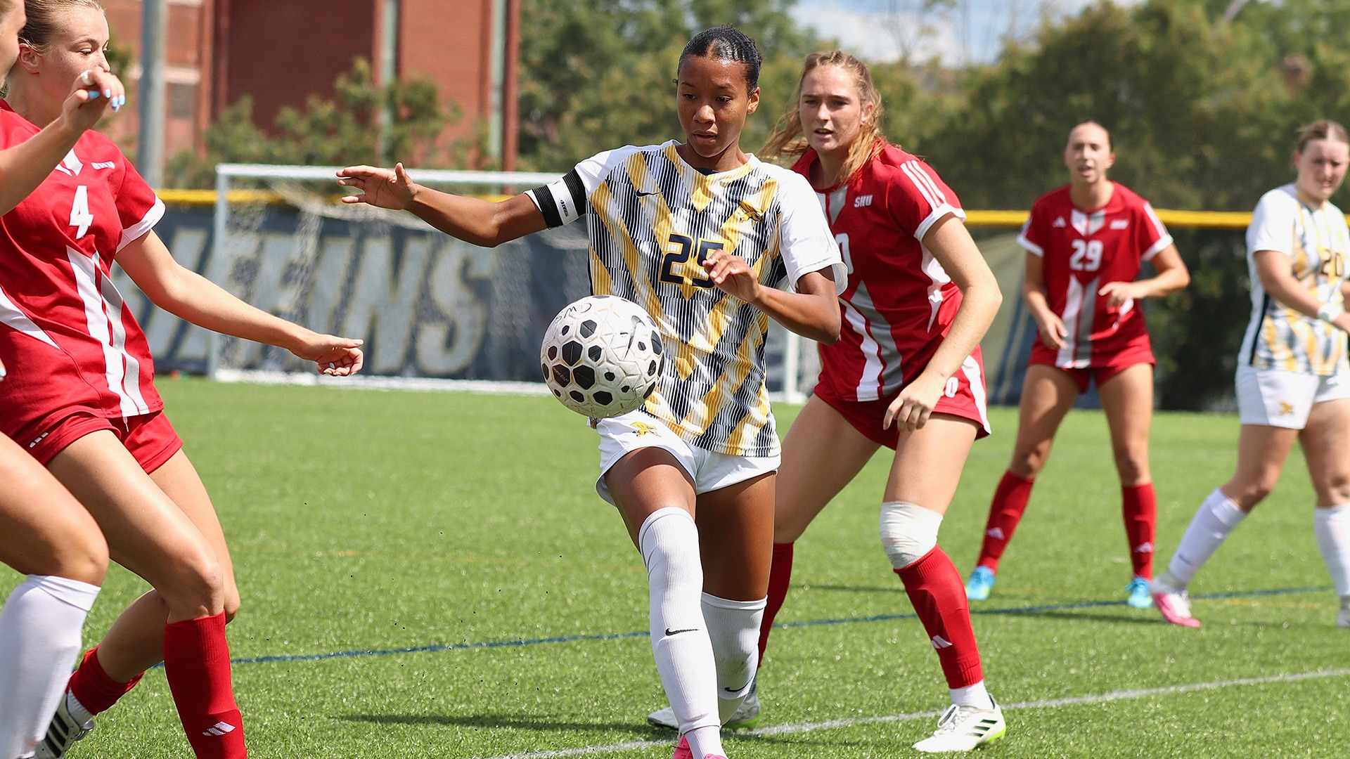 Canisius midfielder Mya Jones charges after the ball during game action versus Sacred Heart at the Demske Sports Complex on Sept. 5, 2026