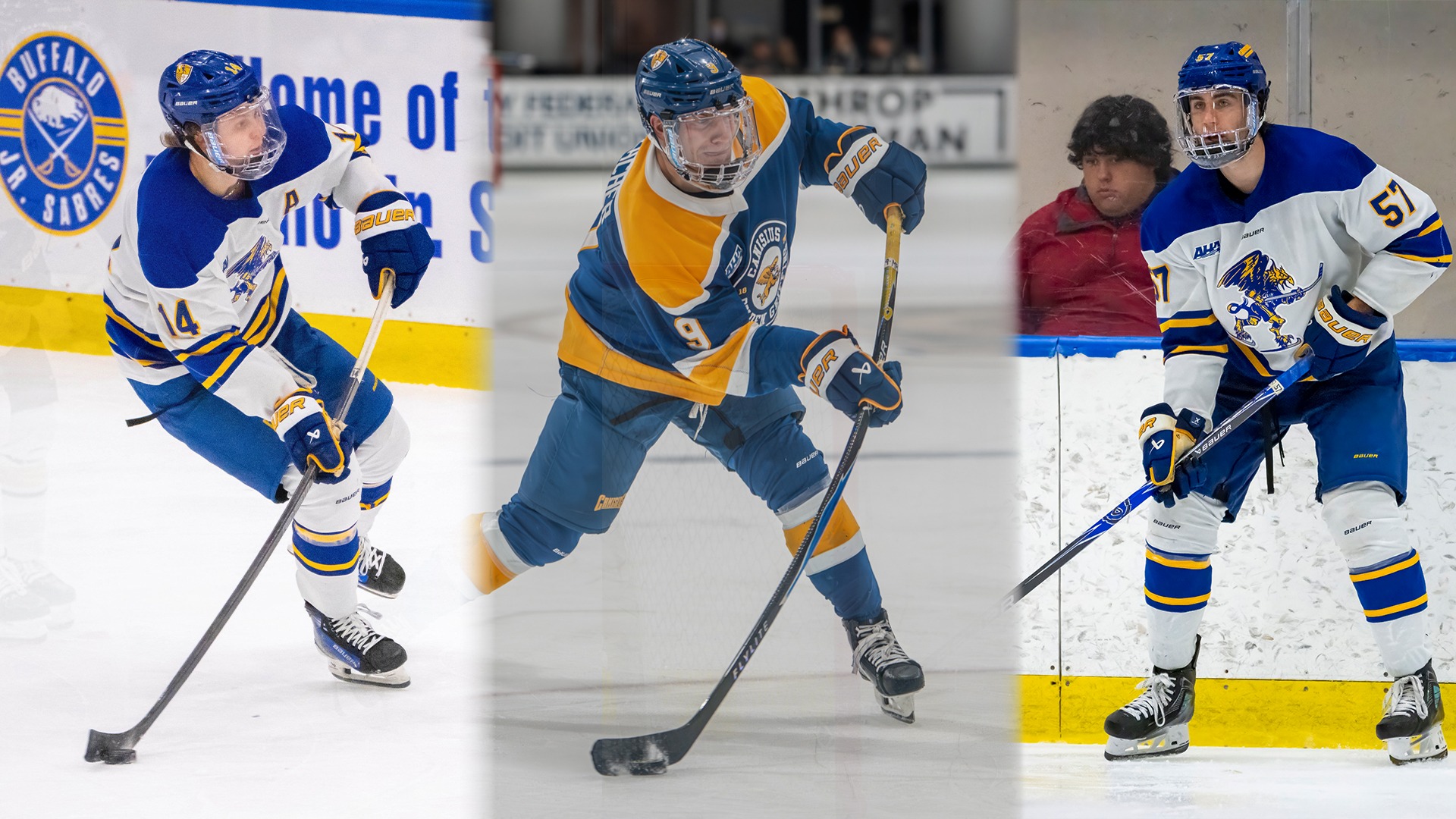 Action photos of Canisius hockey players Trey Funk (left), Walter Zacher (center) and Carter Patterson (right) are shown in this graphic announcing them as the leadership group for the 2026-27 season
