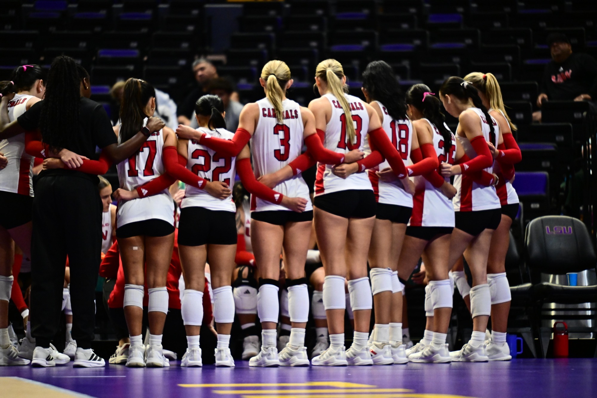 Volleyball huddles at LSU