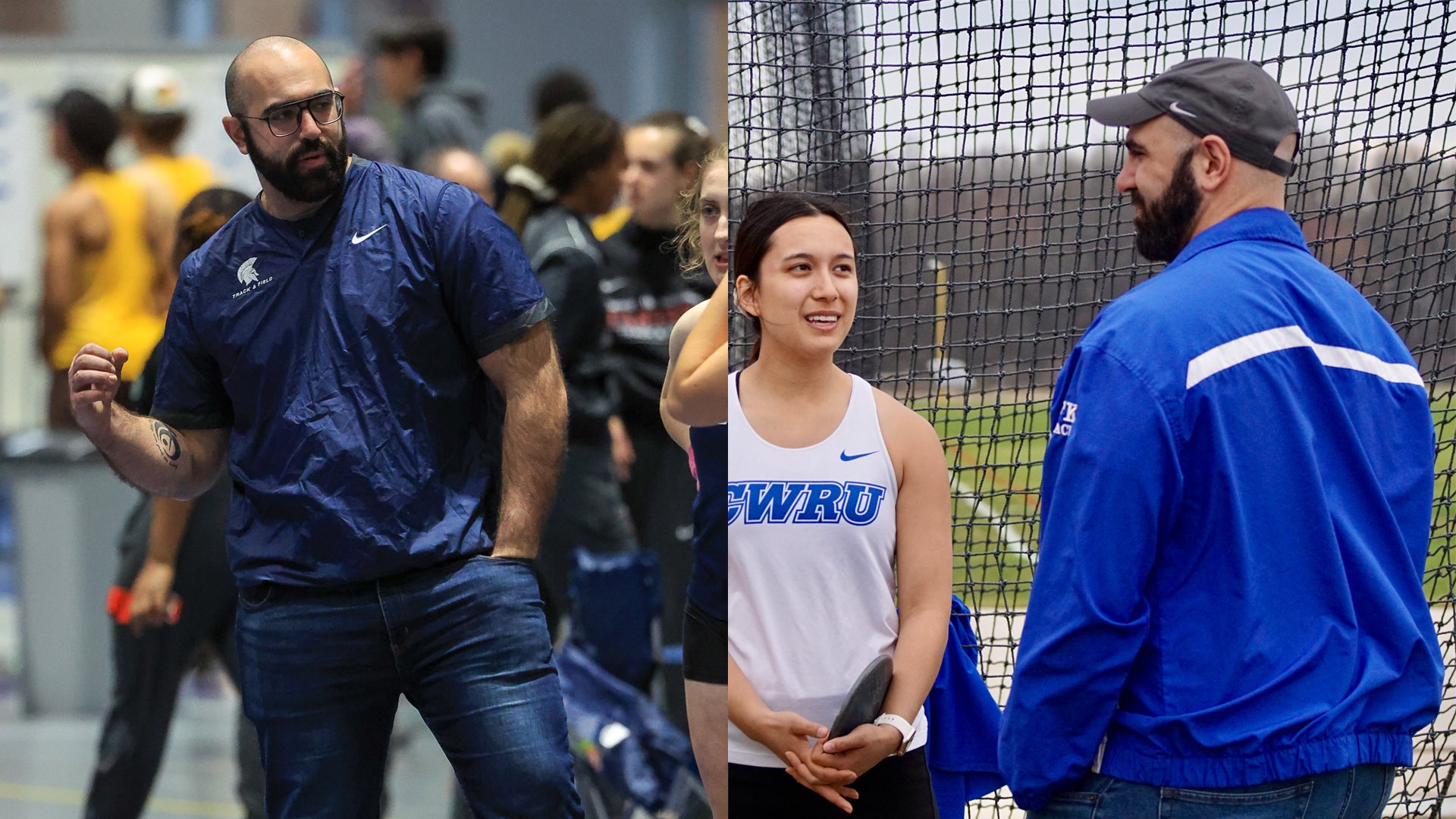 Rocco Mitolo showing proper throwing form (left) and speaking with a student-athlete (right)