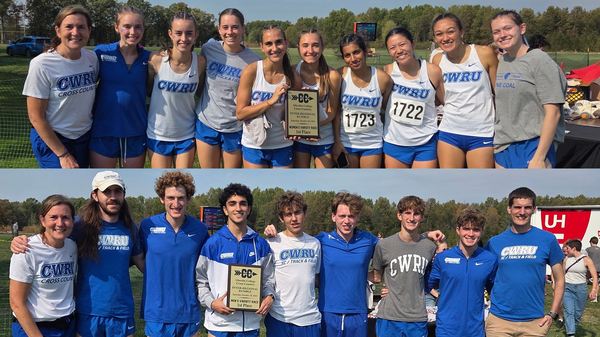 The CWRU women's (top) and men's (bottom) cross country teams posing with first-place plaques at the 2025 Inter-Regional Rumble